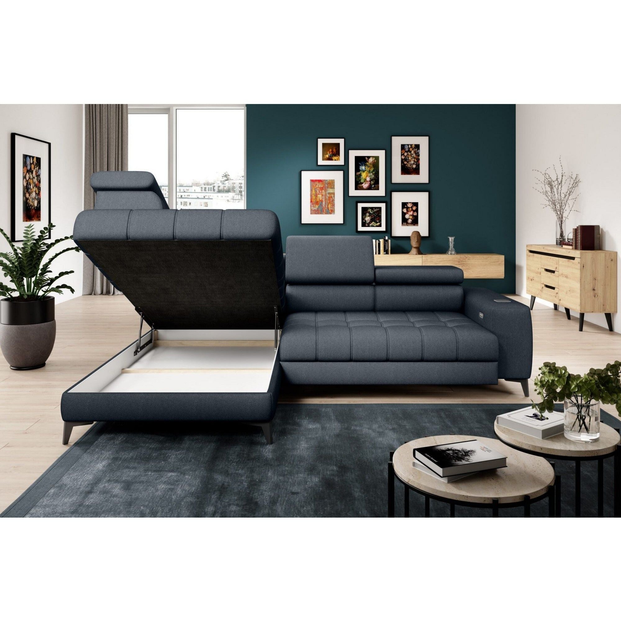 Coltar BAGGIO, sezlong stanga, stofa catifelata gri - Monolith 85, cu reglaj electric, incarcator wireless, lada depozitare si tetiere reglabile, 280x196x100 cm