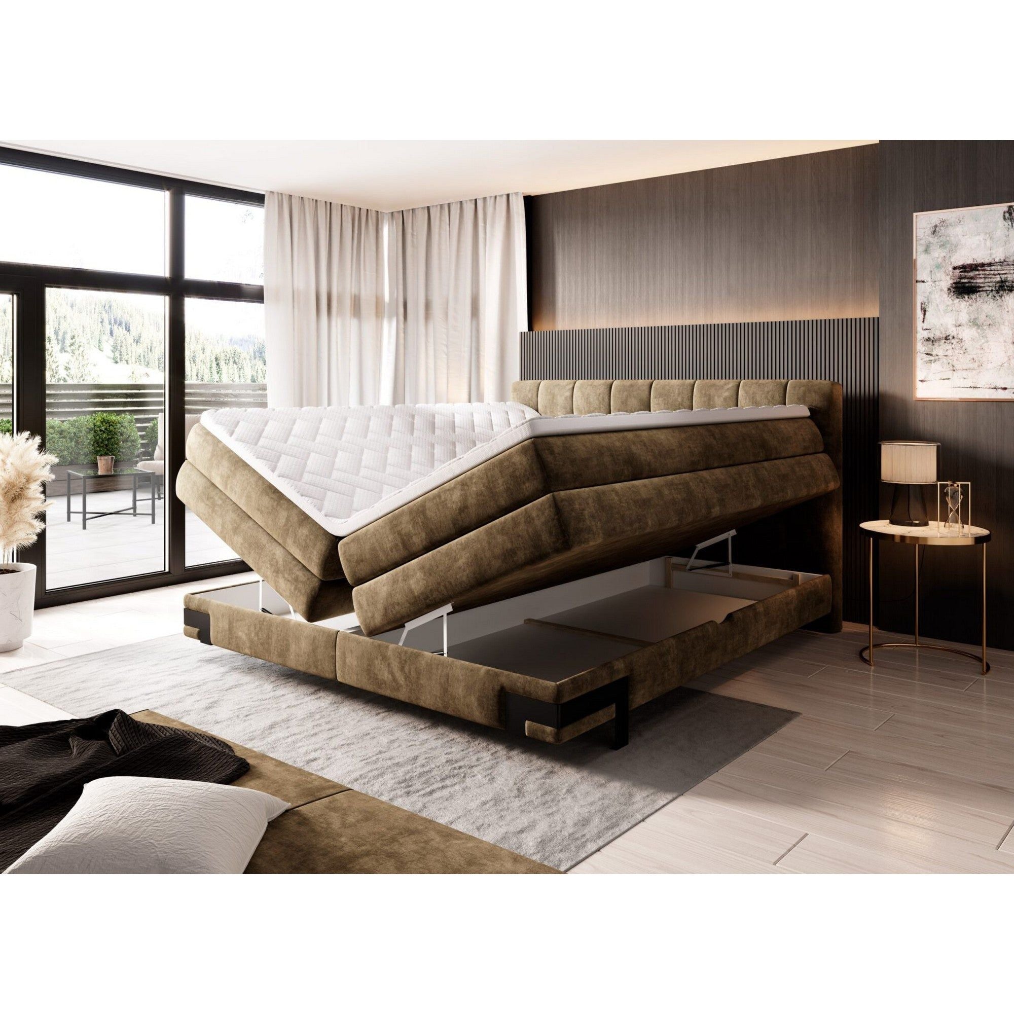 Pat boxspring VIANO 160x200, personalizabil materiale gama Premium, cu saltele, topper si lada pentru depozitare