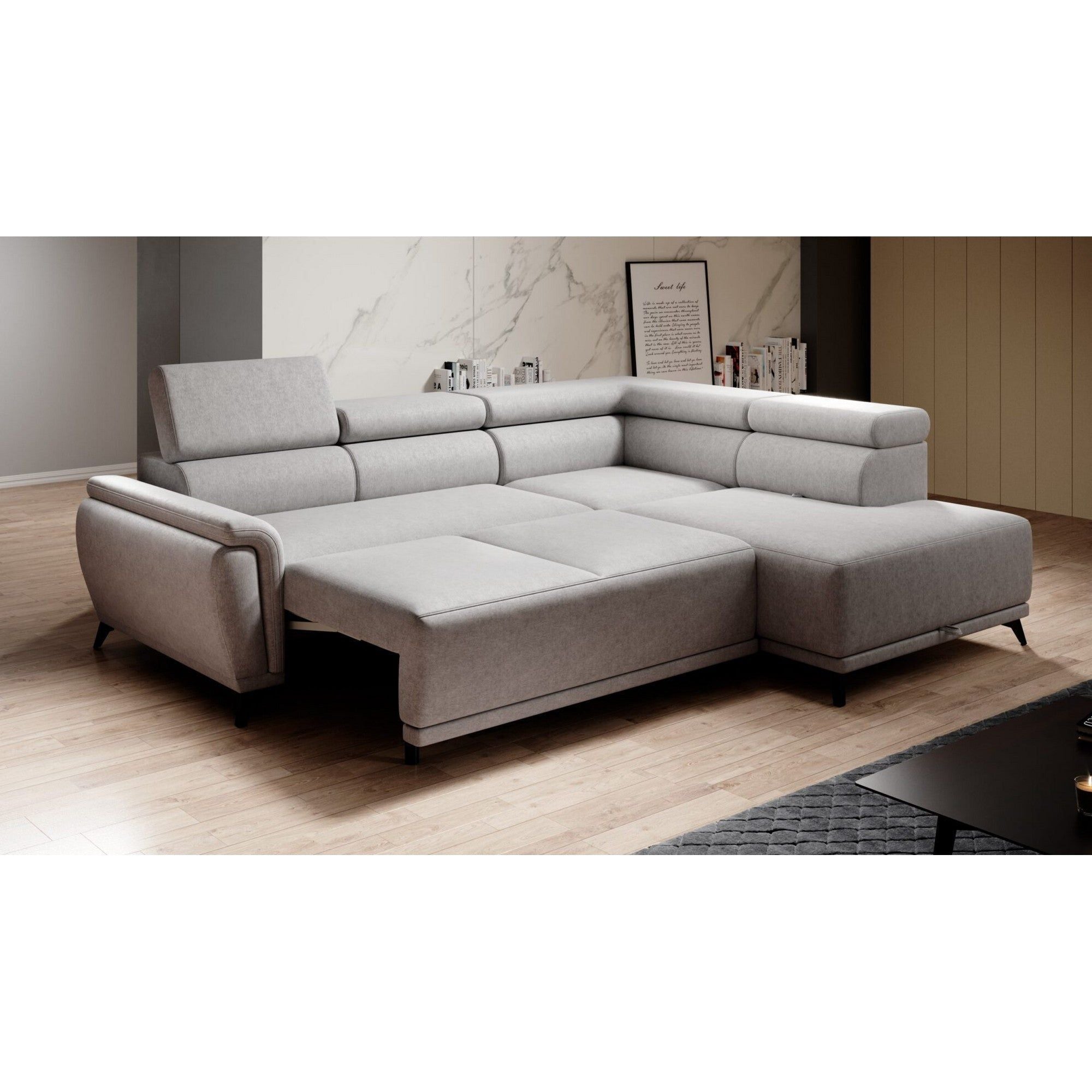 Coltar extensibil ATLANTA, personalizabil materiale gama Oferta Avantaj, cu lada depozitare si tetiere reglabile, 281x203x98 cm
