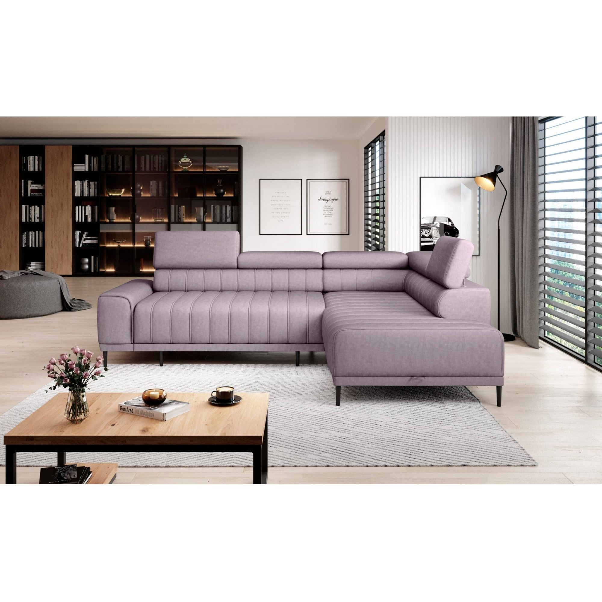 Coltar extensibil CALDO L, personalizabil materiale gama Oferta Avantaj, cu lada depozitare si tetiere reglabile, 268x200x99 cm