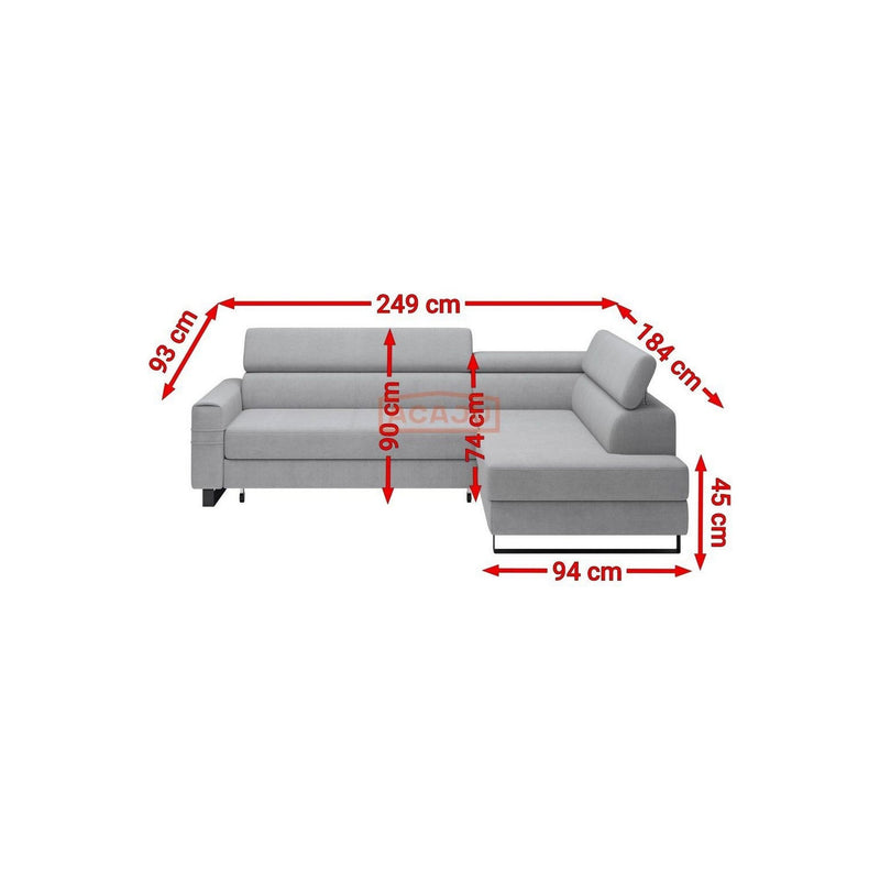 Coltar LIVIO, personalizabil materiale gama Premium, 249x184x90 cm, extensibil, lada depozitare, tetiere reglabile