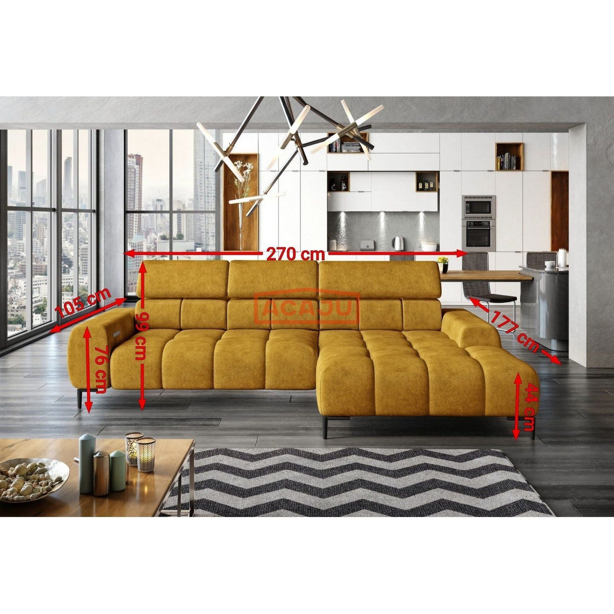 Coltar PLAZA MINI, personalizabil materiale gama Premium, cu reglaj electric si tetiere reglabile, 270x177x99 cm