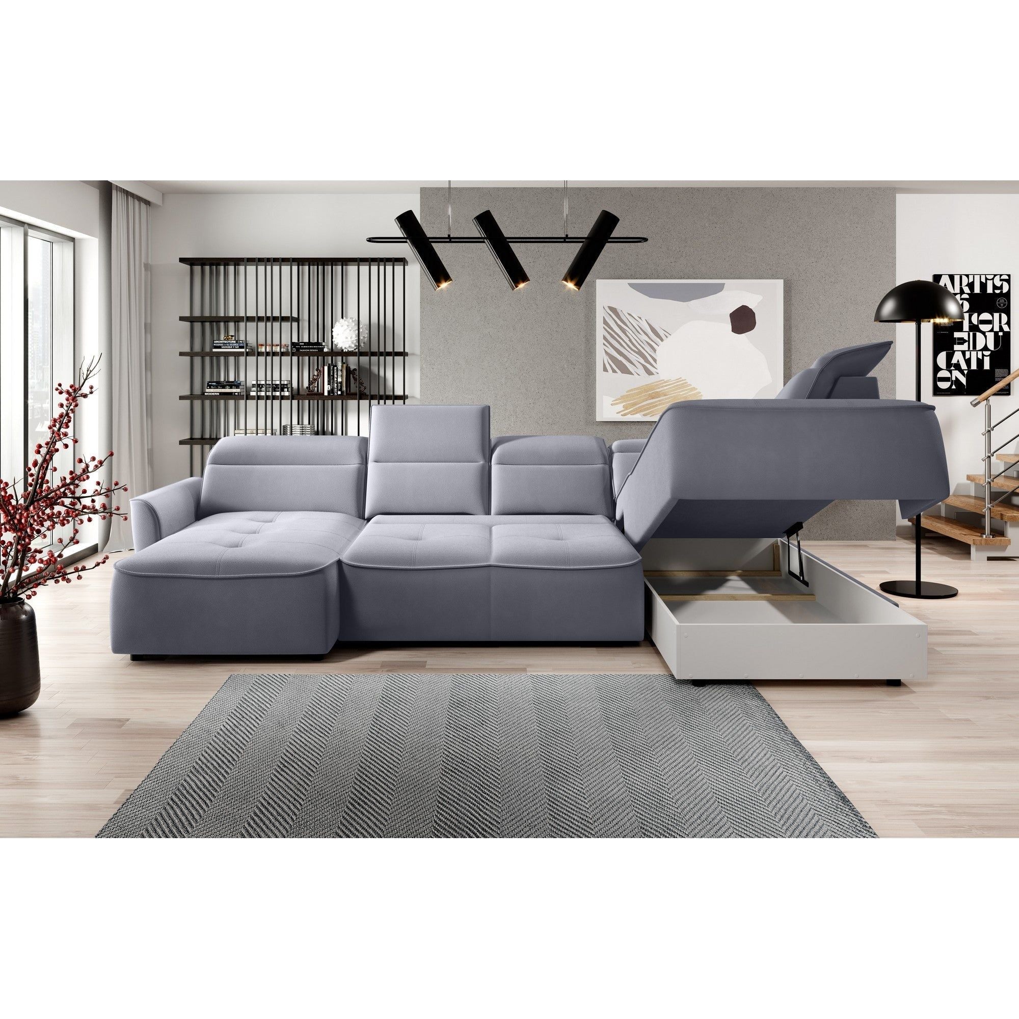 Coltar MURILLO XL, personalizabil materiale gama Oferta Avantaj, cu reglaj electric, tetiere reglabile si lada depozitare, 350x218x100 cm