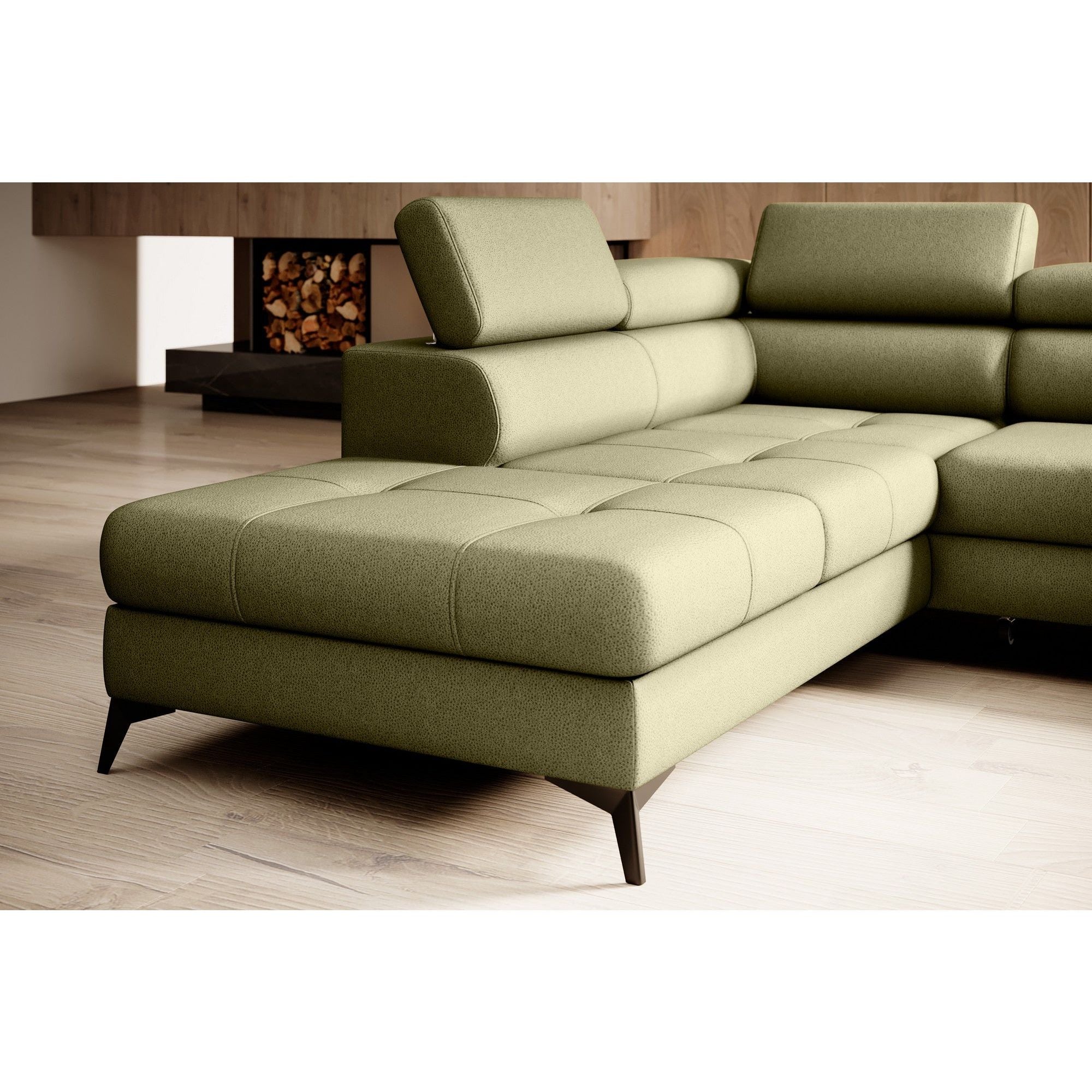 Coltar extensibil MOCCA, personalizabil materiale gama Premium, cu lada depozitare si tetiere reglabile, 265x222x95 cm