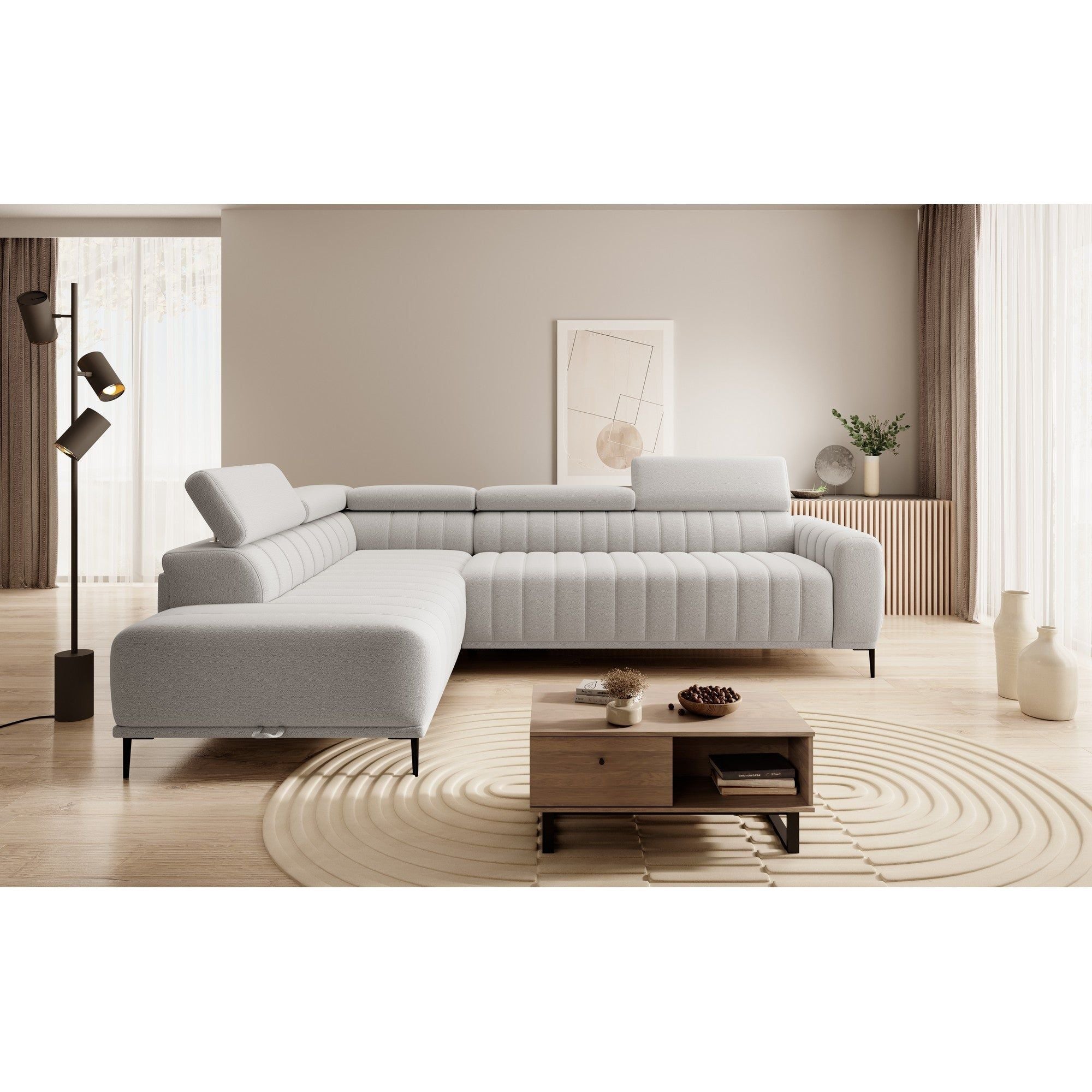 Coltar extensibil GANDI 160, personalizabil material gama Oferta Avantaj, cu lada depozitare si tetiere reglabile, 301x204x99 cm
