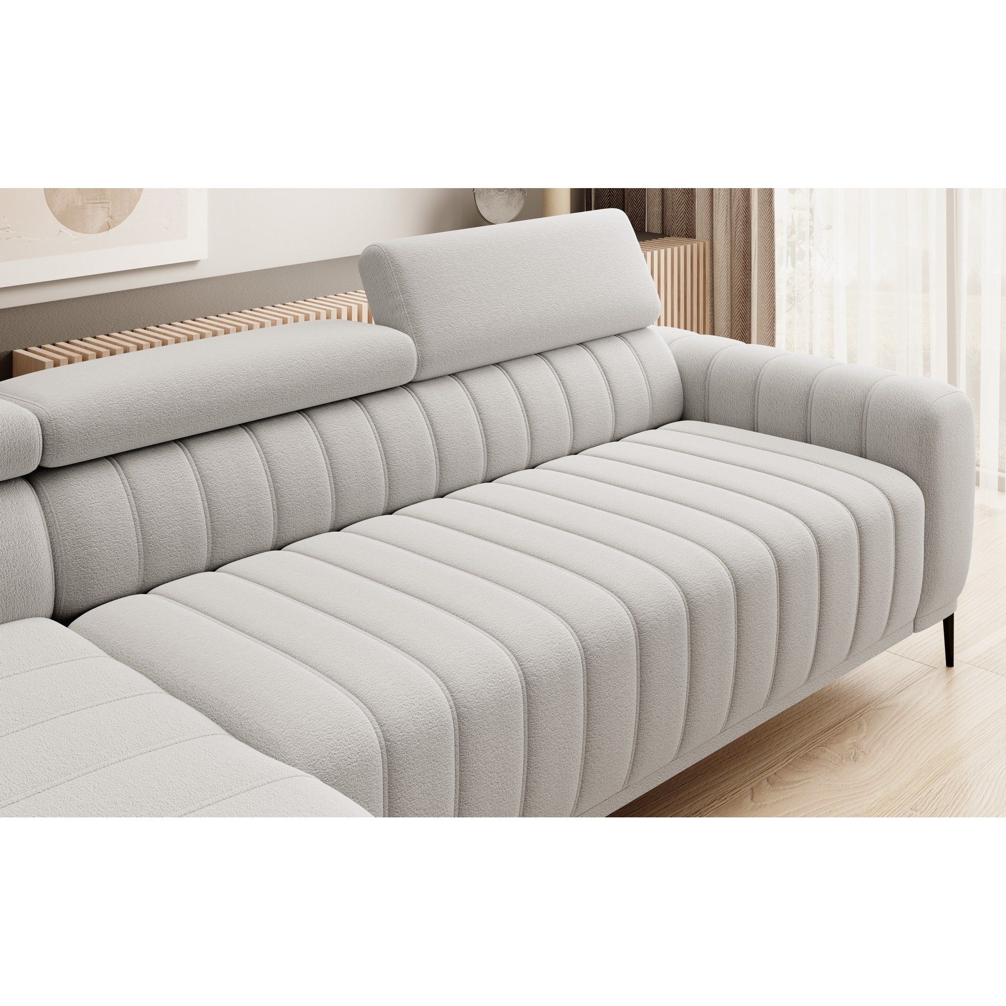 Coltar extensibil GANDI 160, personalizabil material gama Premium, cu lada depozitare si tetiere reglabile, 301x204x99 cm