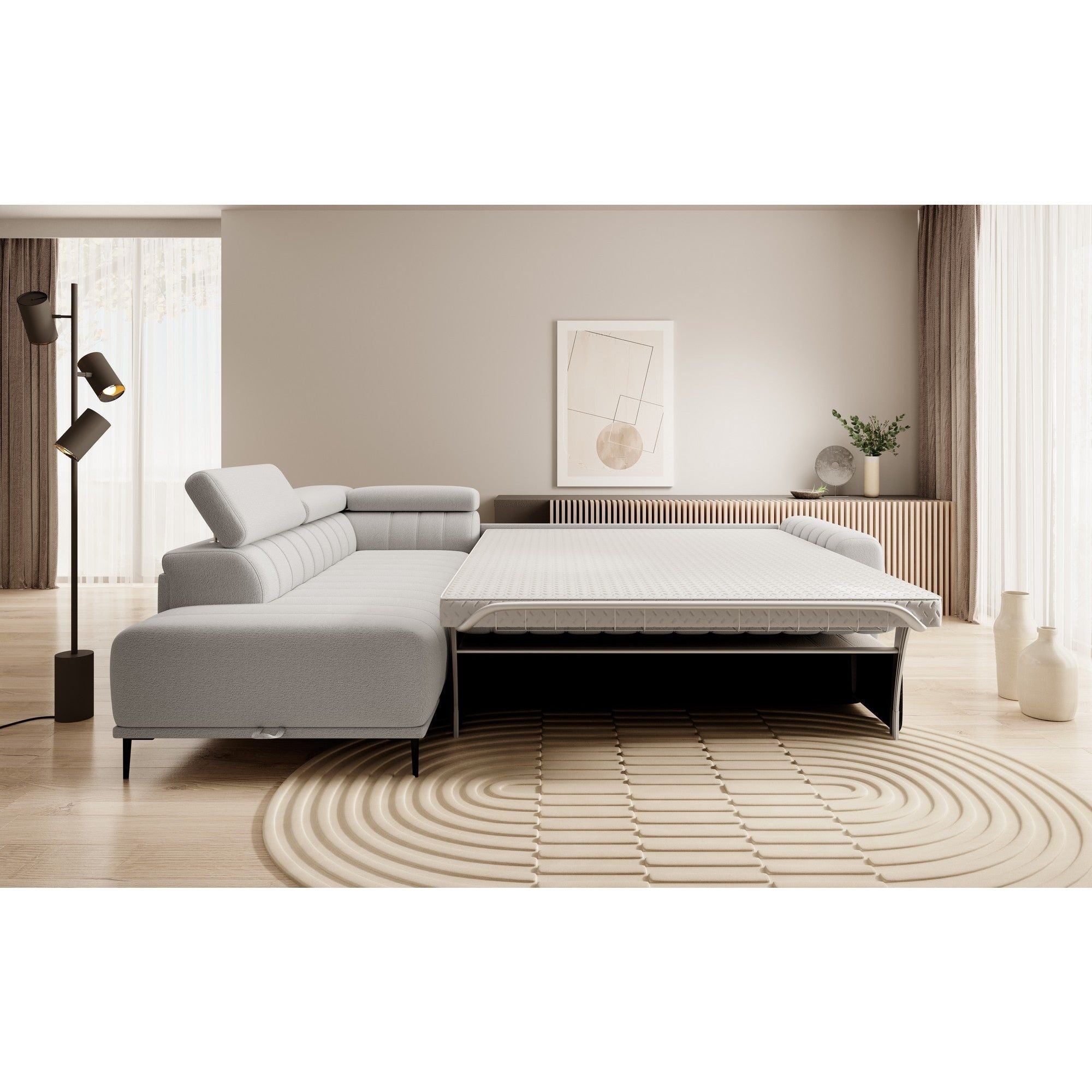 Coltar extensibil GANDI 160, personalizabil material gama Oferta Avantaj, cu lada depozitare si tetiere reglabile, 301x204x99 cm