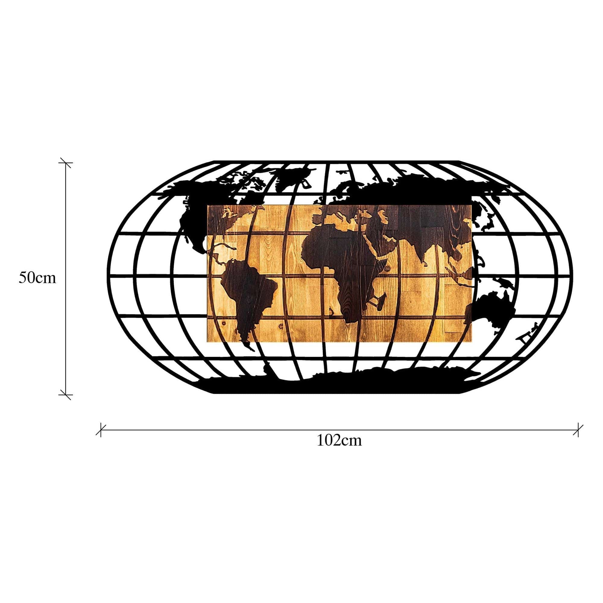 Accesoriu decorativ WORLD MAP 2, negru/stejar, metal/lemn, 102x3x50 cm