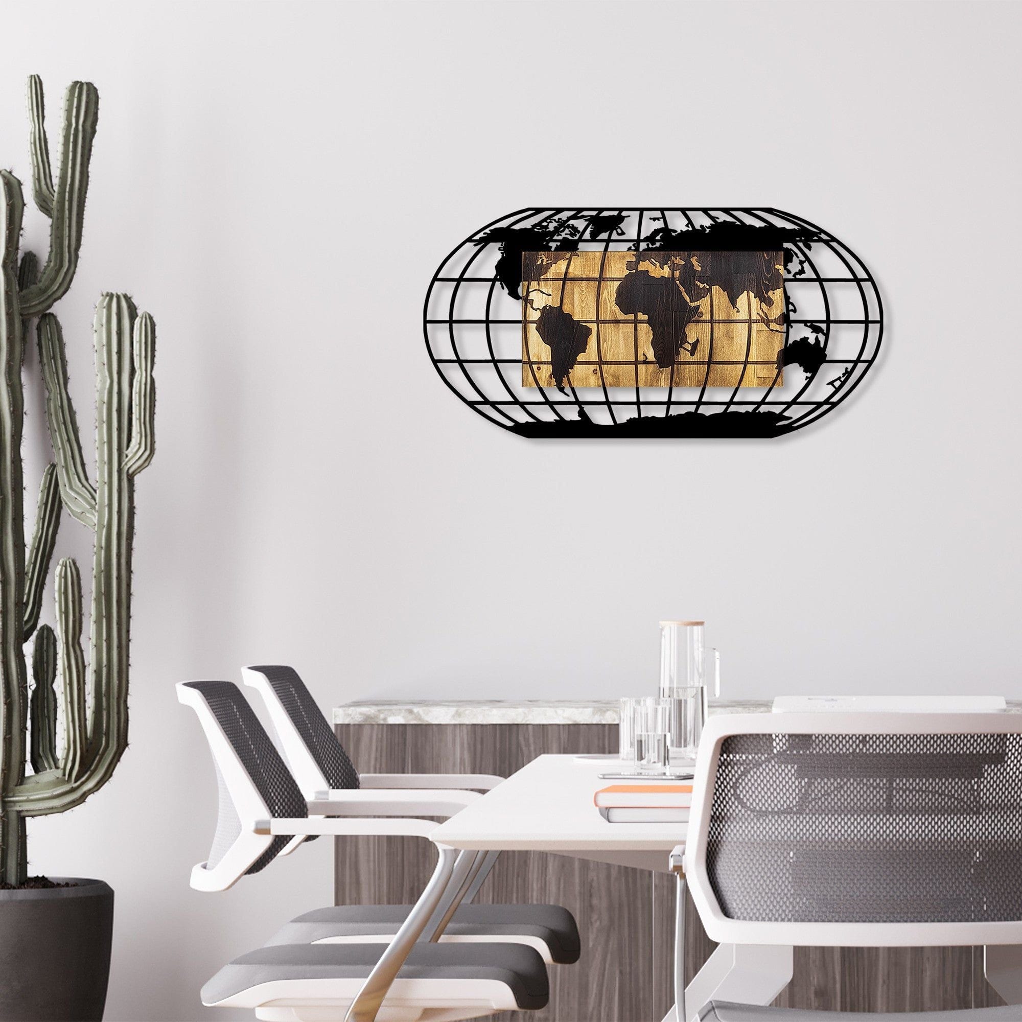 Accesoriu decorativ WORLD MAP 2, negru/stejar, metal/lemn, 102x3x50 cm