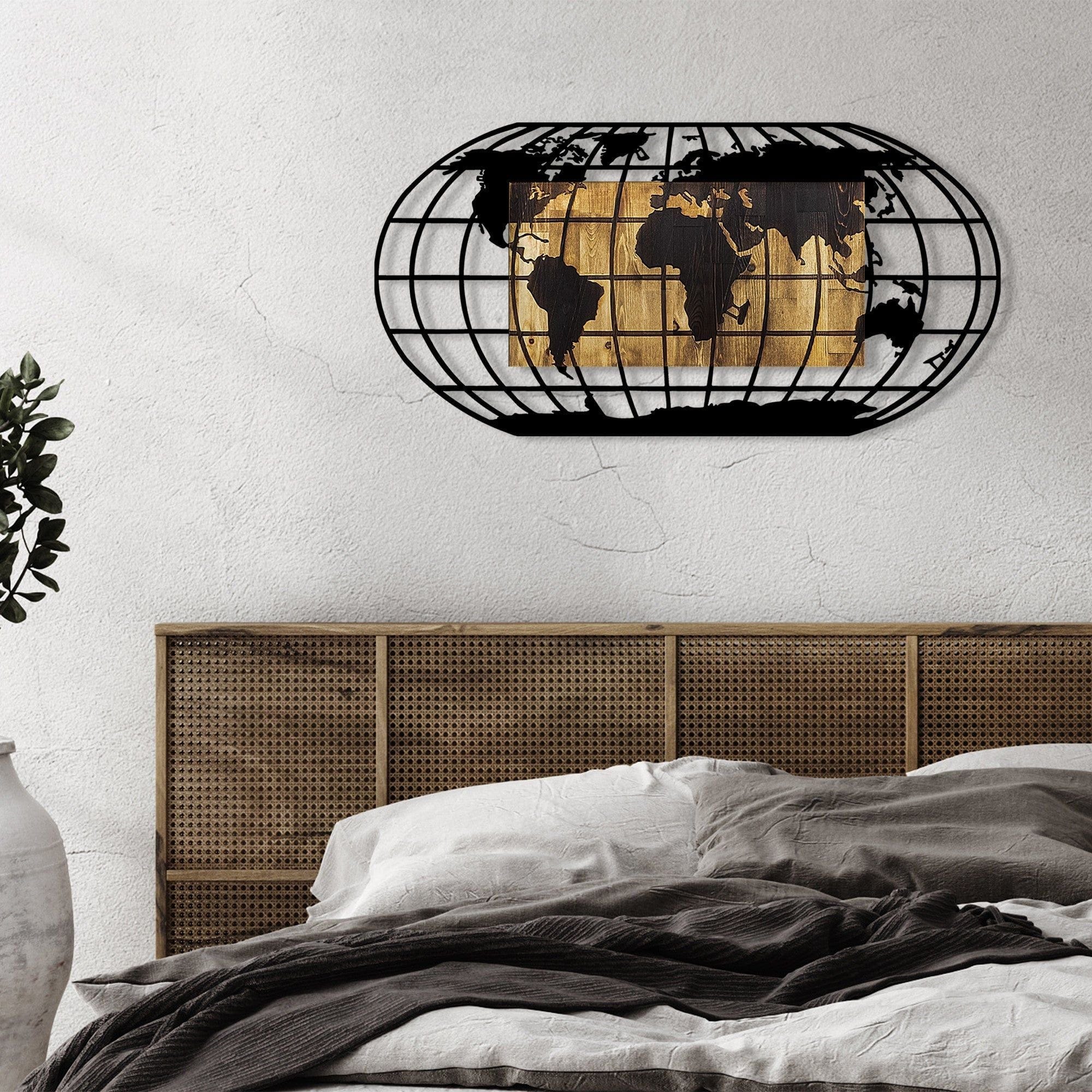 Accesoriu decorativ WORLD MAP 2, negru/stejar, metal/lemn, 102x3x50 cm