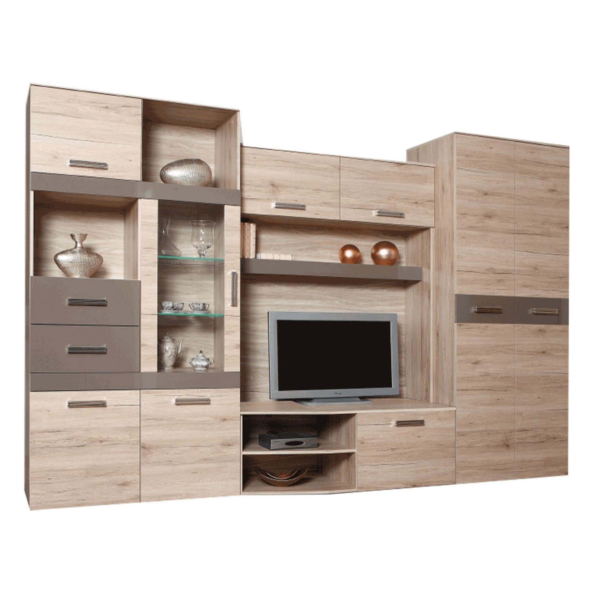 Mobilier living ASSOR, stejar san marino, PAL melaminat/sticla, cu iluminare LED, 4 piese, 300x200x52 cm