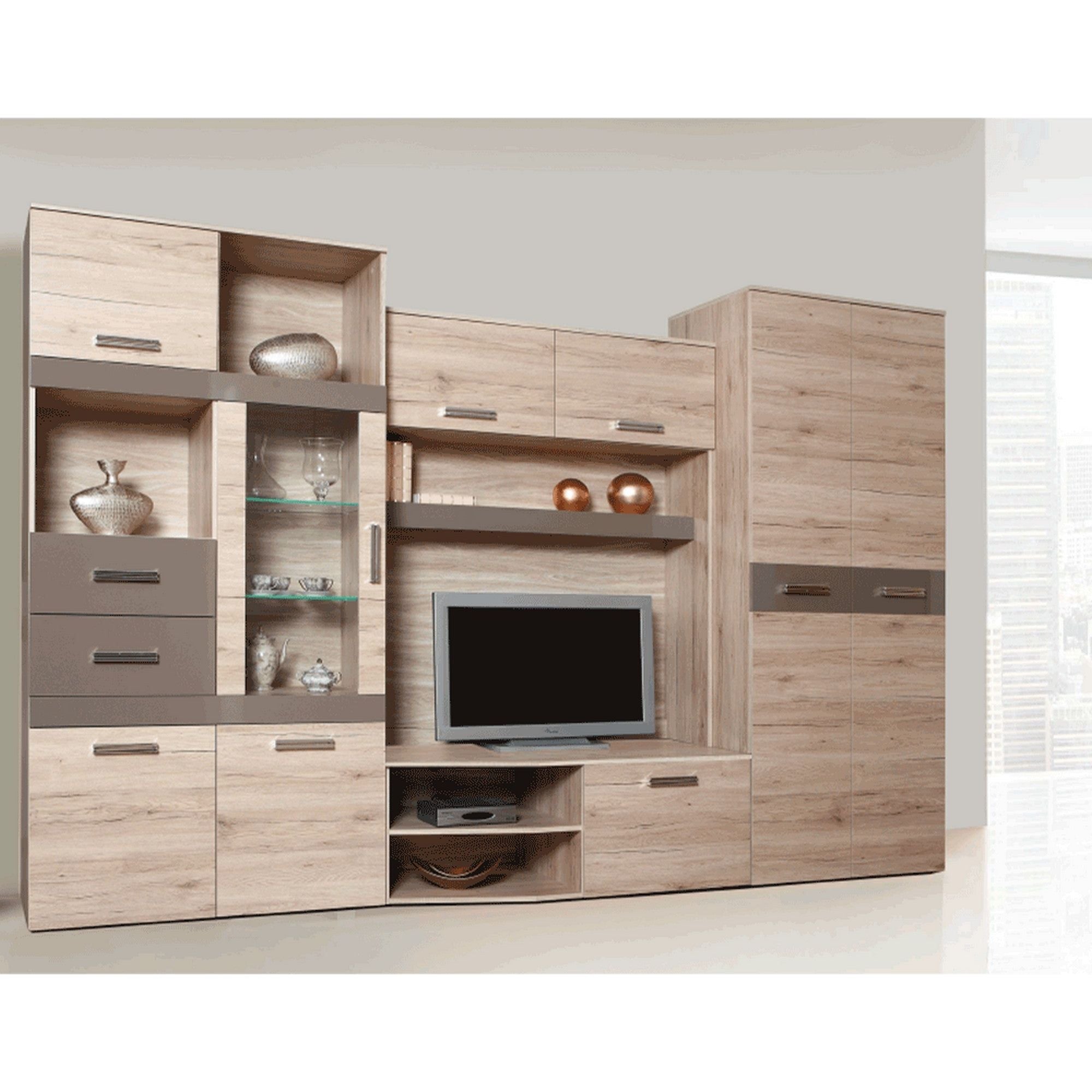 Mobilier living ASSOR, stejar san marino, PAL melaminat/sticla, cu iluminare LED, 4 piese, 300x200x52 cm