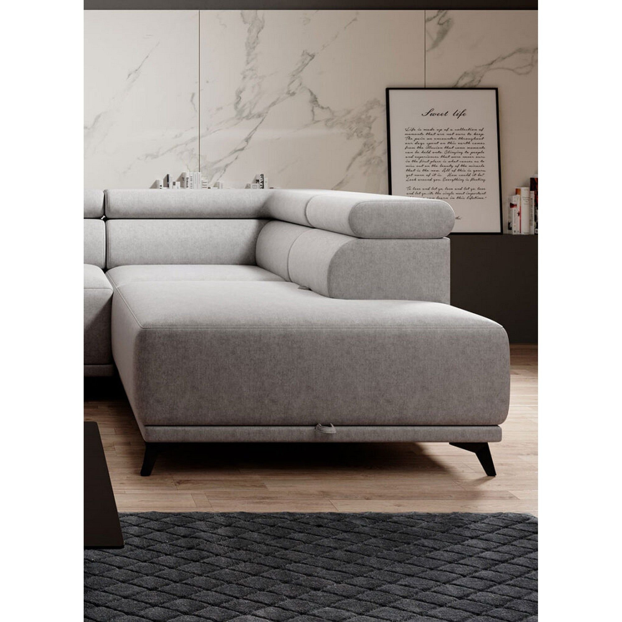 Coltar extensibil ATLANTA, personalizabil materiale gama Oferta Avantaj, cu lada depozitare si tetiere reglabile, 281x203x98 cm