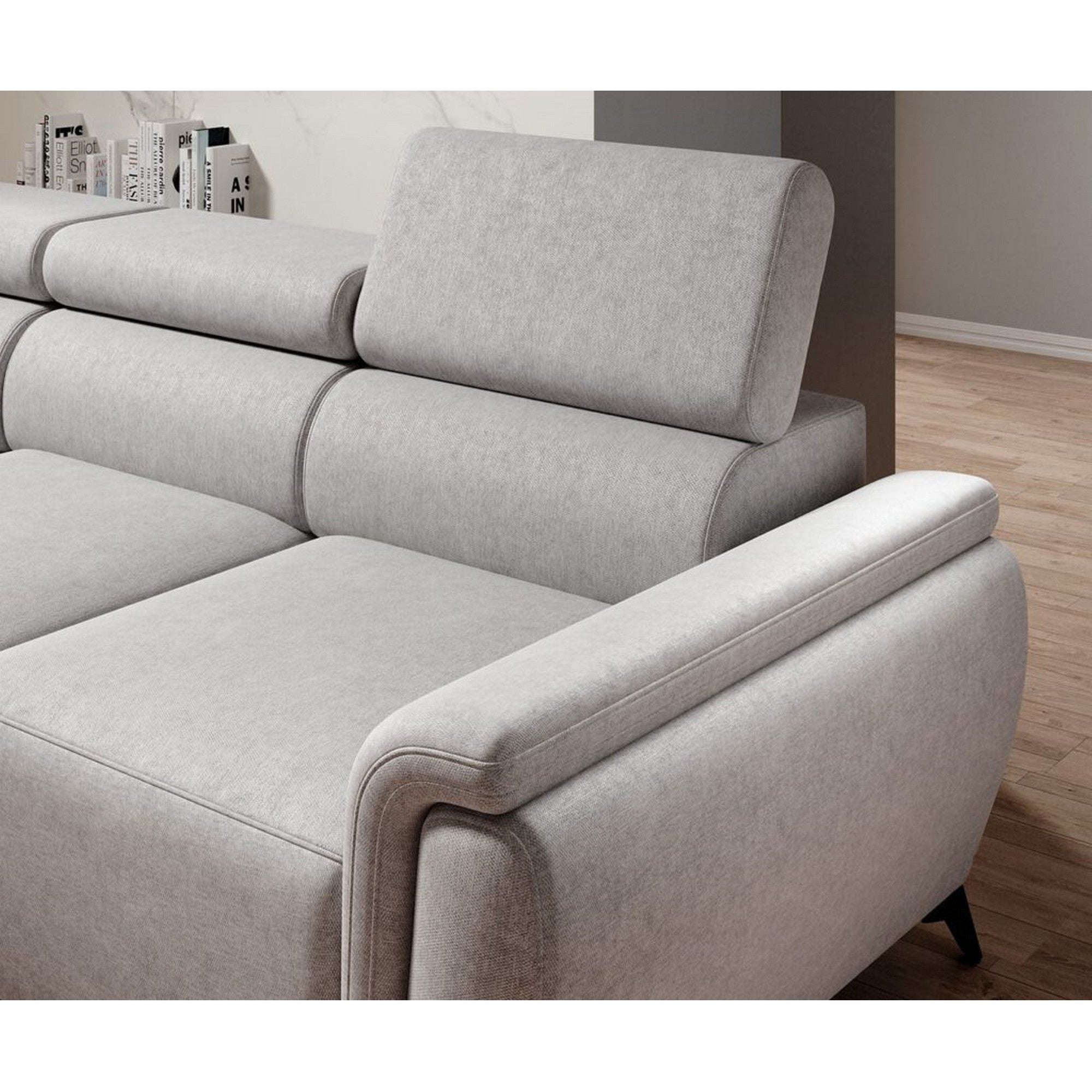 Coltar extensibil ATLANTA, sezlong stanga, stofa catifelata maro deschis - Palladium 4, Gama Premium, cu lada depozitare si tetiere reglabile, 281x203x98 cm