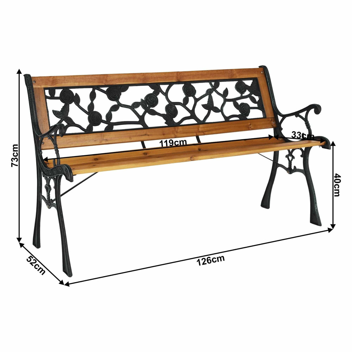 Banca gradina FAIZA, negru/nuc, metal/lemn, 126x52x73 cm