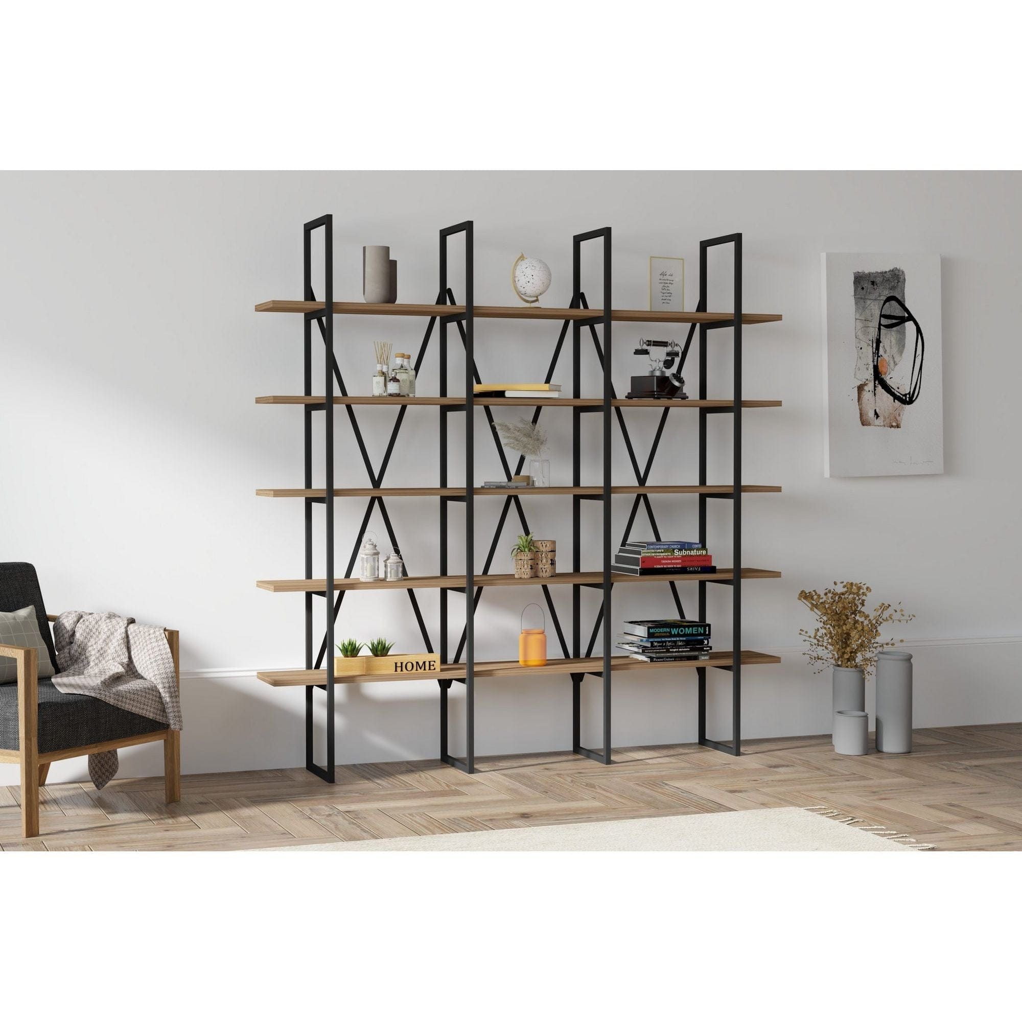 Biblioteca BEYLERBEYI, alun/negru, PAL melaminat/metal, 160x26x160 cm