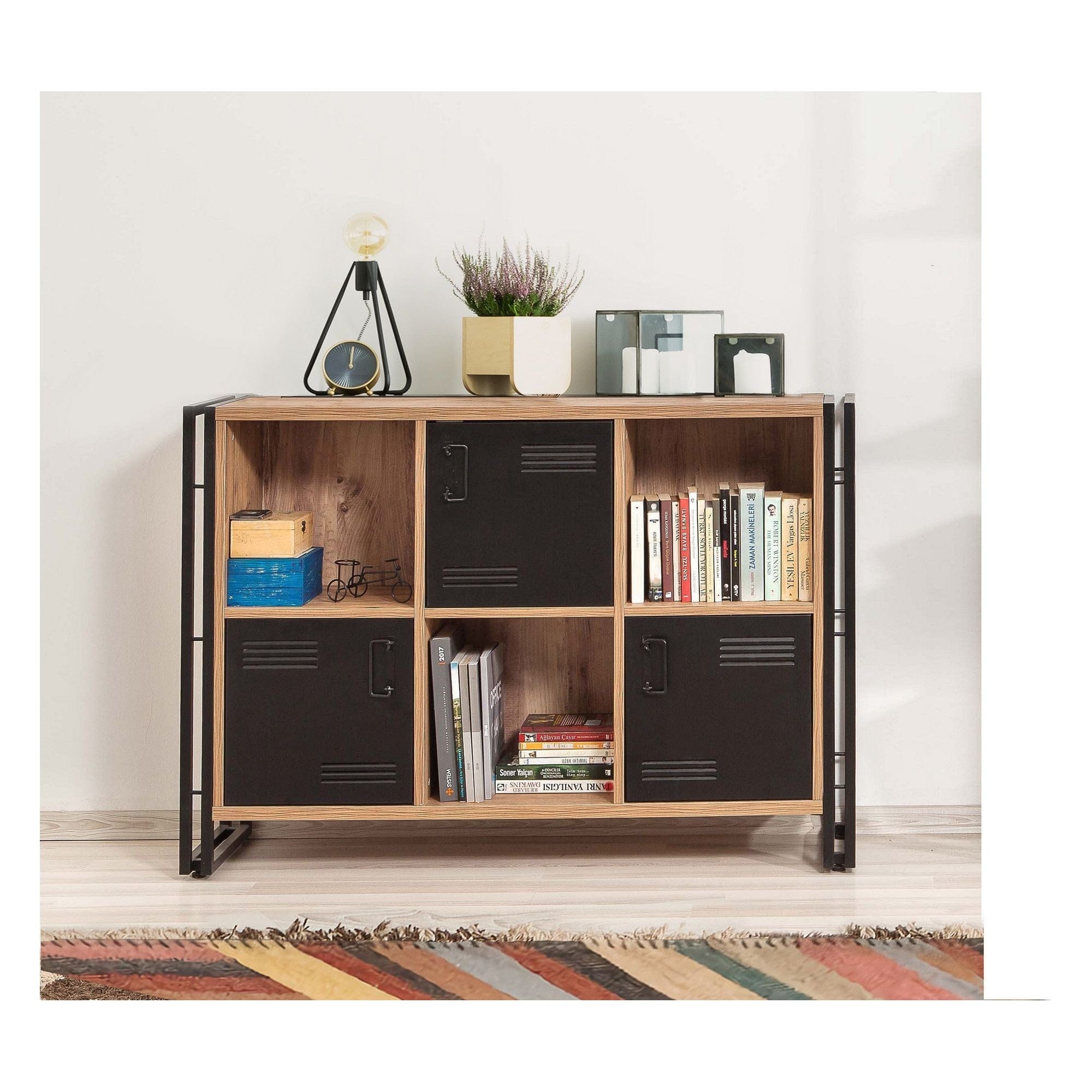 Biblioteca COSMO TRIBUS, stejar/negru, PAL melaminat/metal, 126x35x89 cm