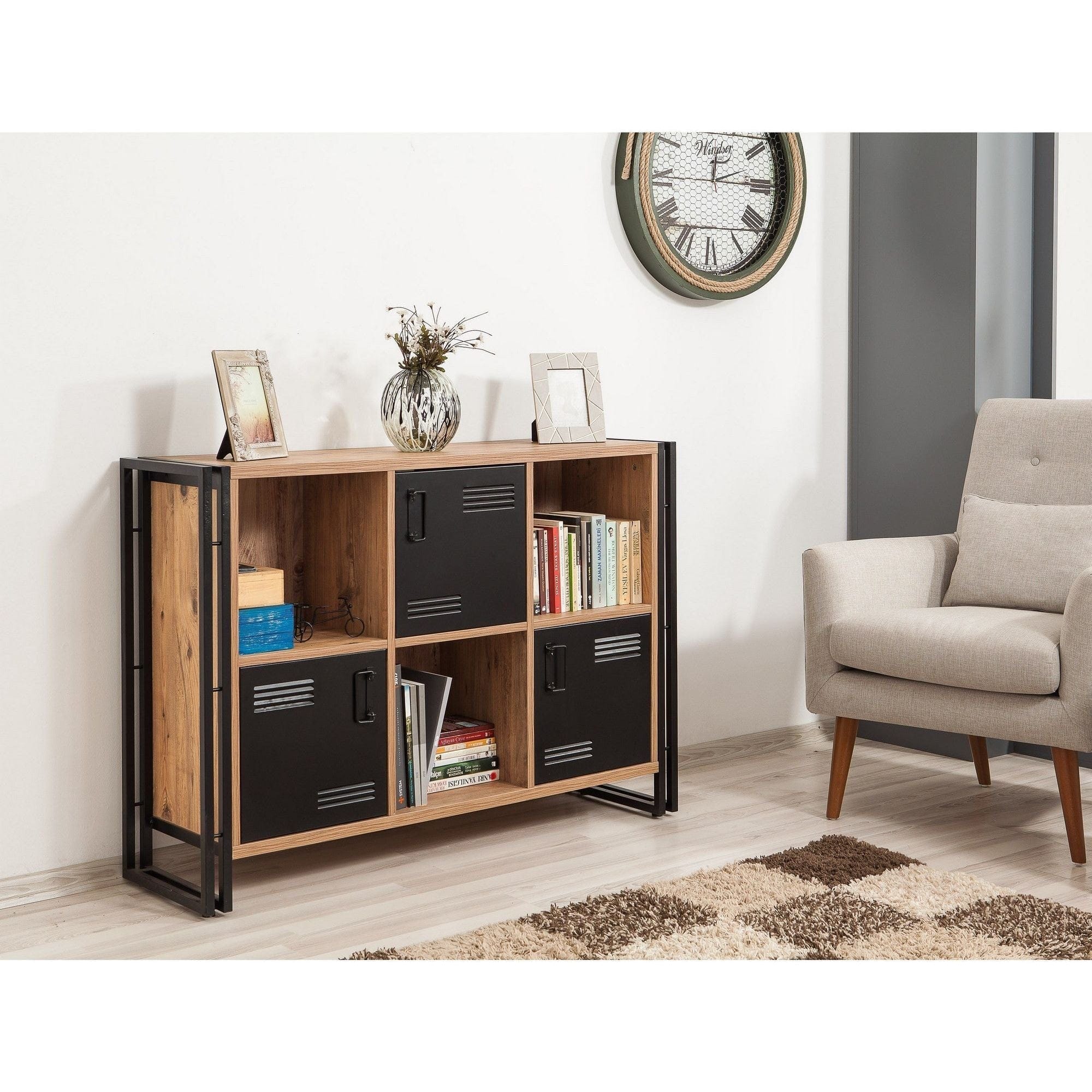 Biblioteca COSMO TRIBUS, stejar/negru, PAL melaminat/metal, 126x35x89 cm