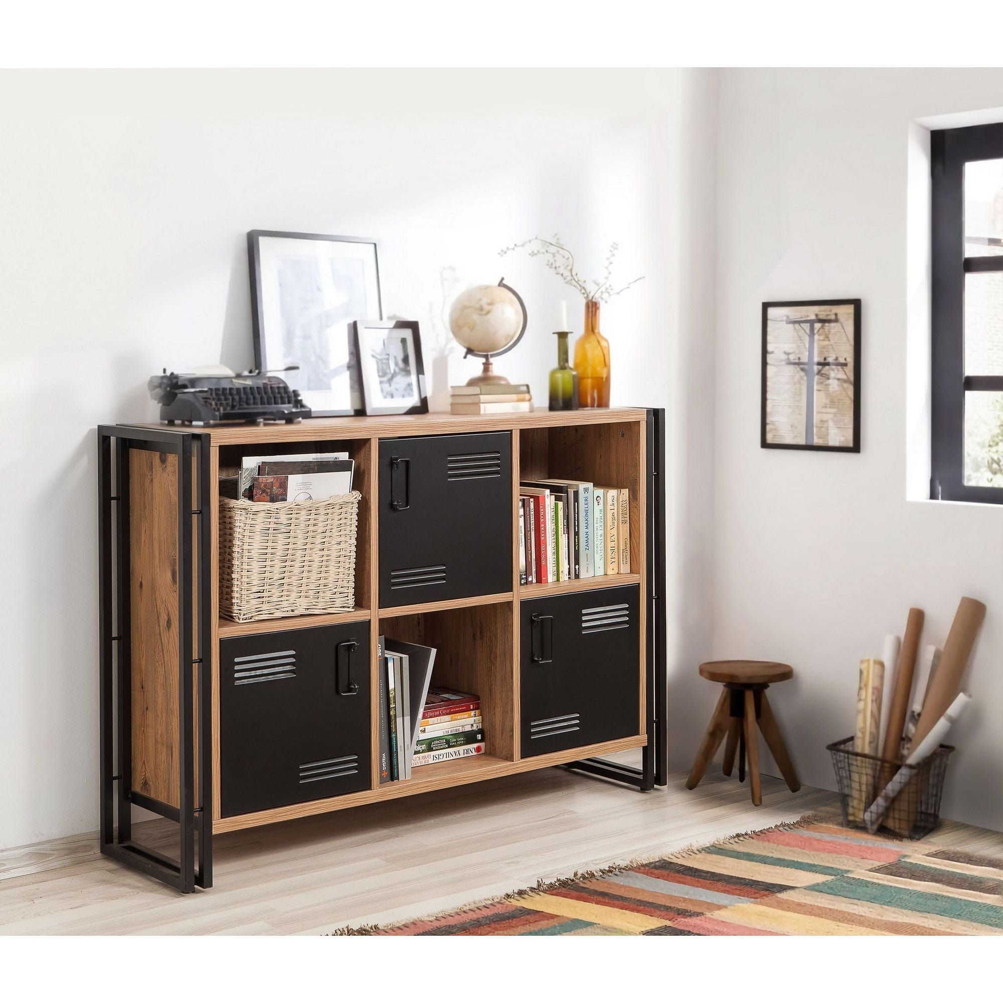 Biblioteca COSMO TRIBUS, stejar/negru, PAL melaminat/metal, 126x35x89 cm