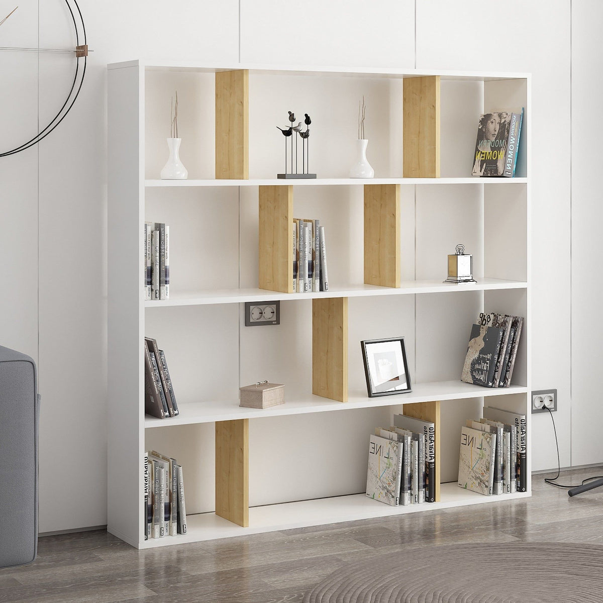Biblioteca GODBI, alb/stejar, PAL melaminat, 145x25x145 cm