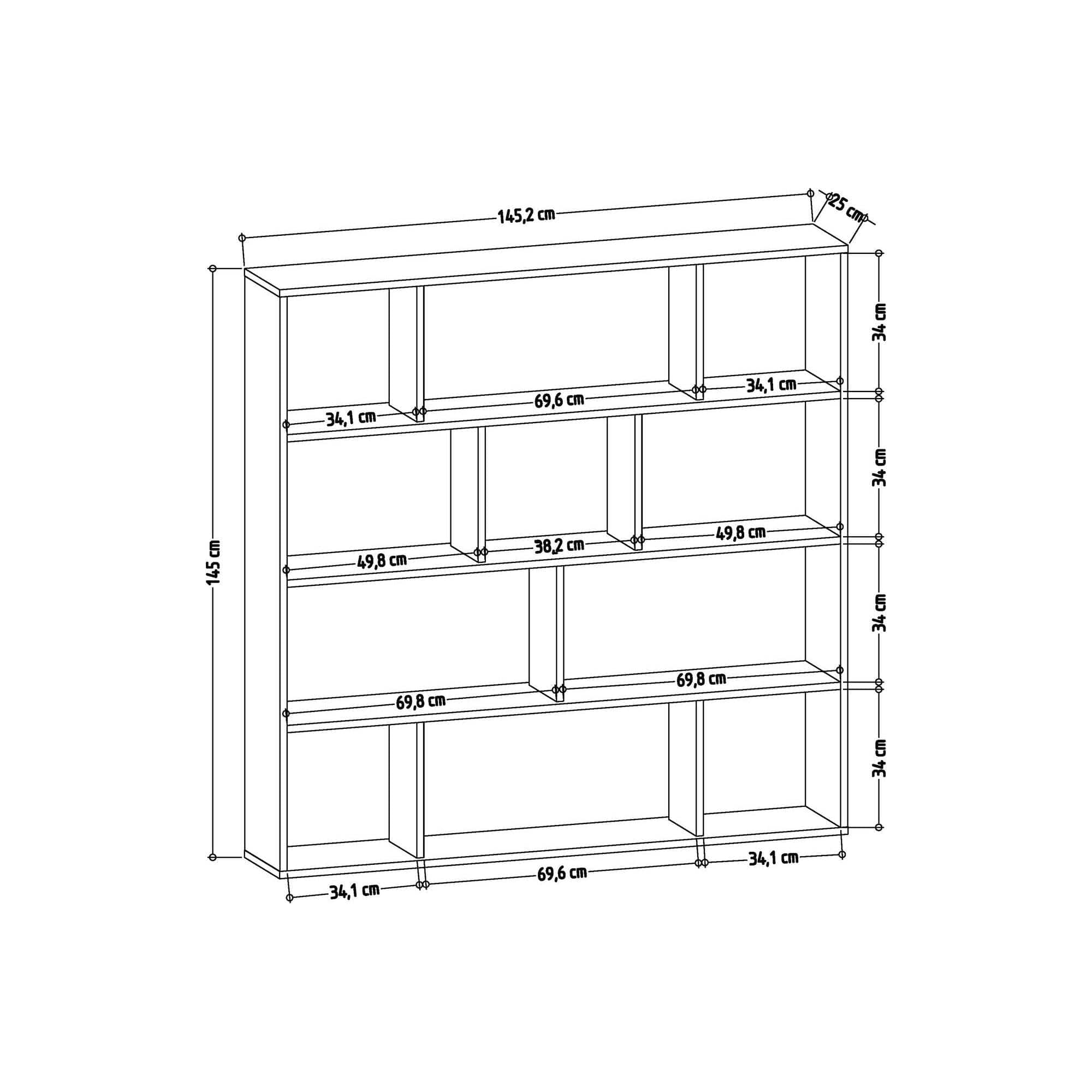 Biblioteca GODBI, alb/stejar, PAL melaminat, 145x25x145 cm
