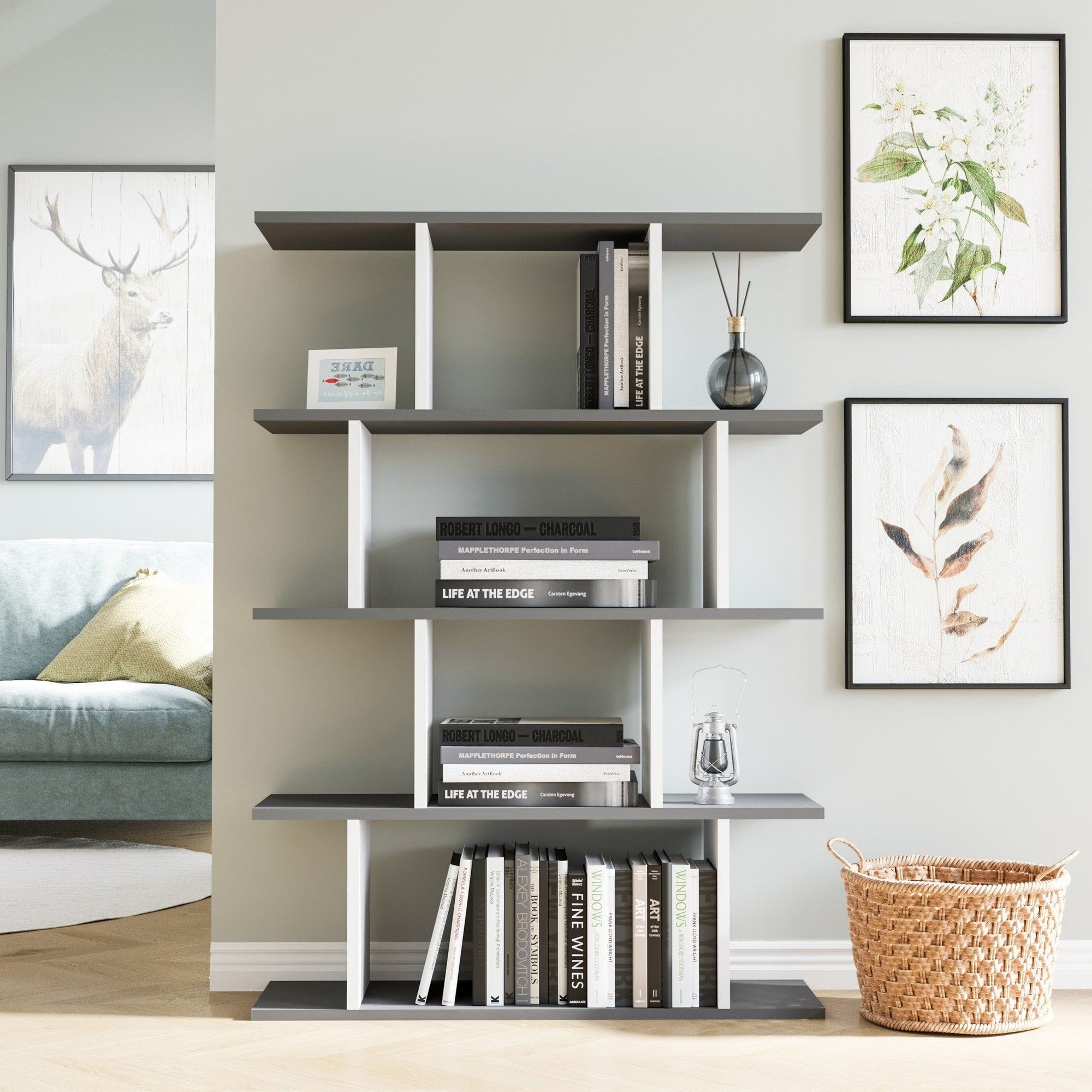 Biblioteca HARMON, alb/gri, PAL melaminat, 90x25x127 cm