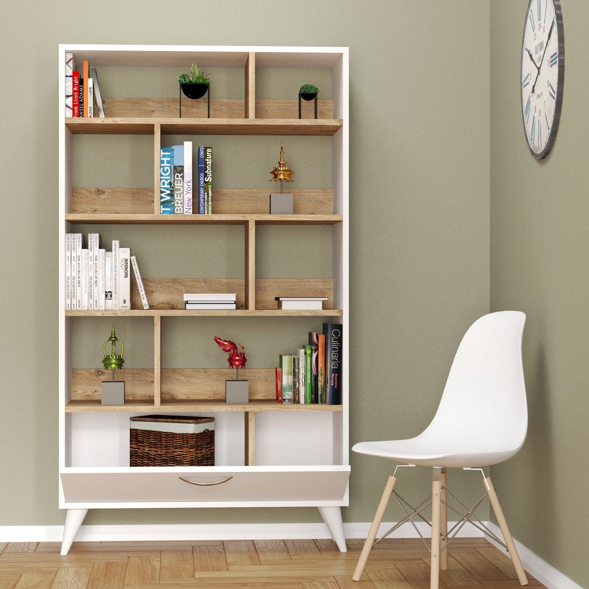 Biblioteca KTB0201, alb/stejar, PAL melaminat, 90x36x160 cm
