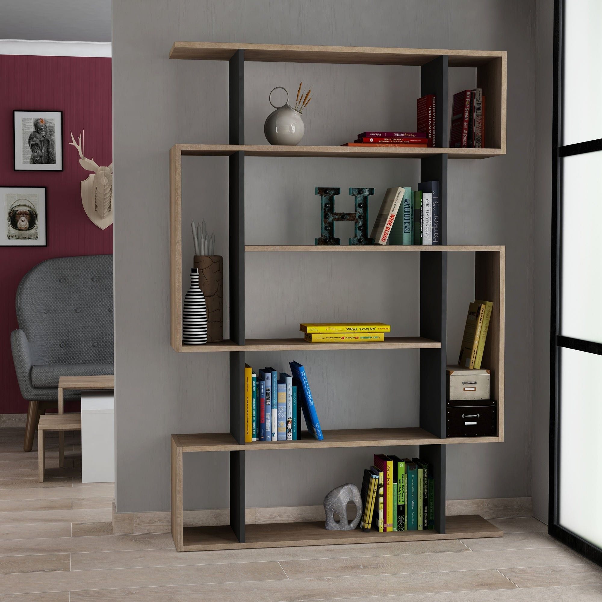 Biblioteca MITO, stejar sonoma/gri antracit, PAL melaminat, 110x26x161 cm