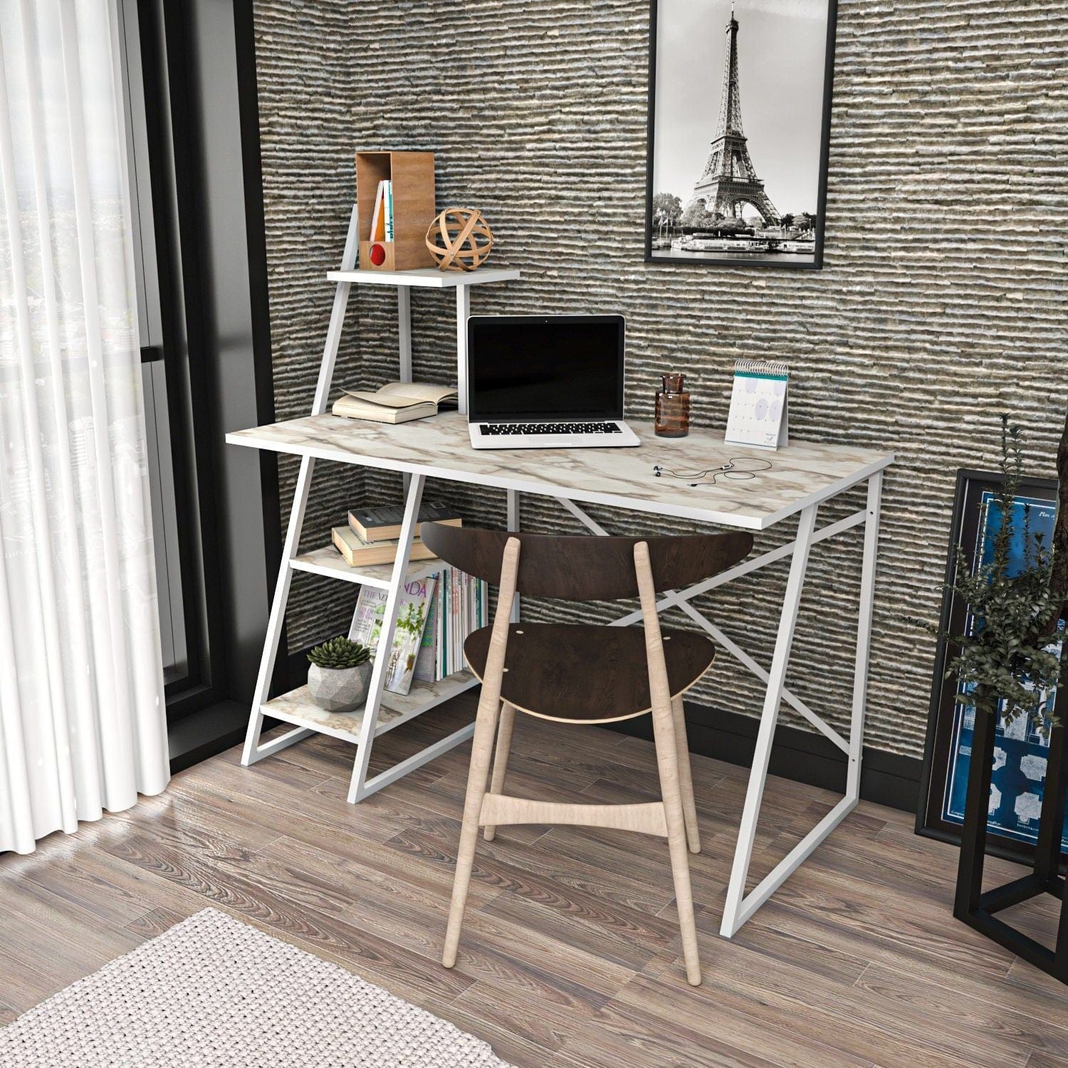 Birou ADMIRA, bej cu efect de marmura/alb, PAL melaminat/metal, 120x60x120 cm