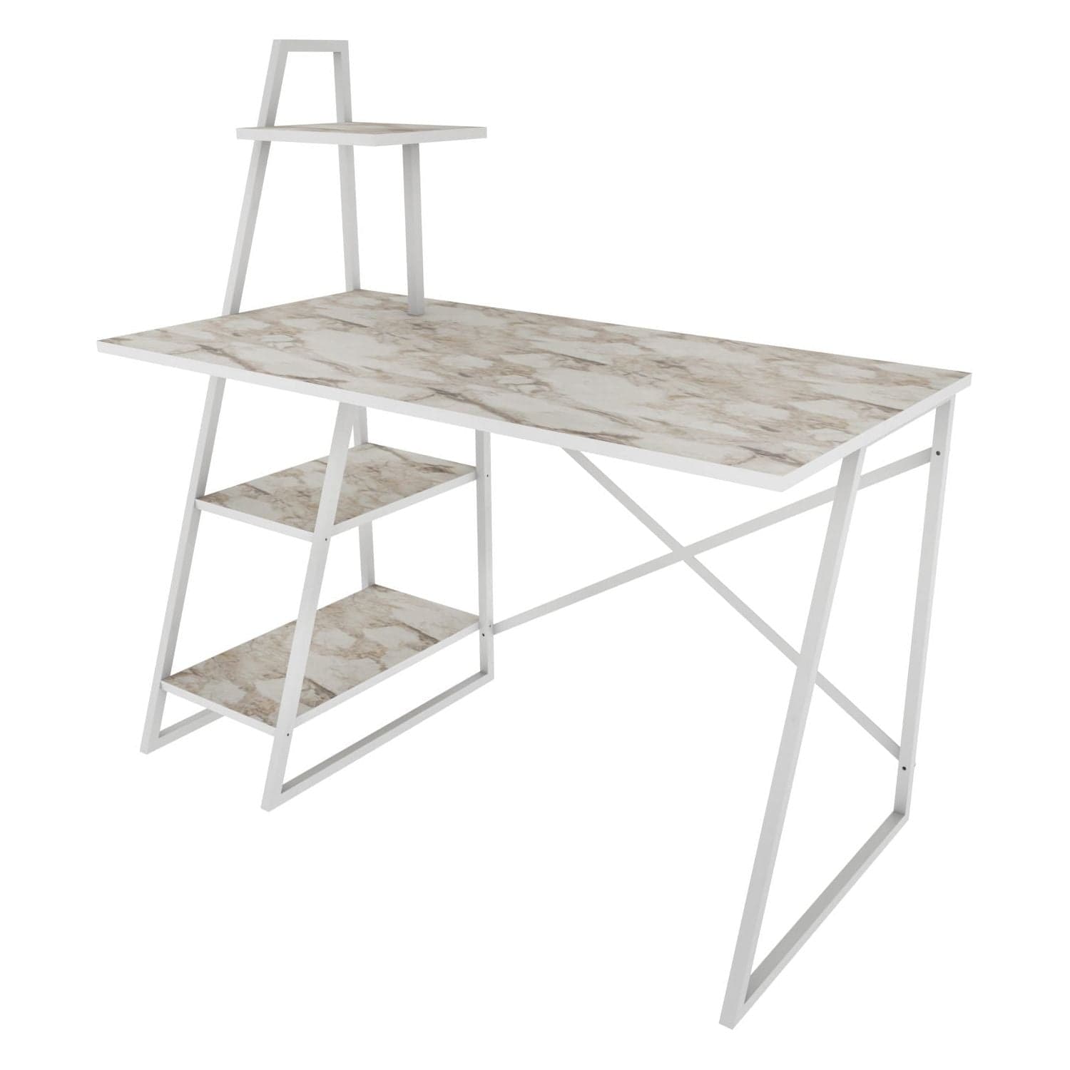 Birou ADMIRA, bej cu efect de marmura/alb, PAL melaminat/metal, 120x60x120 cm