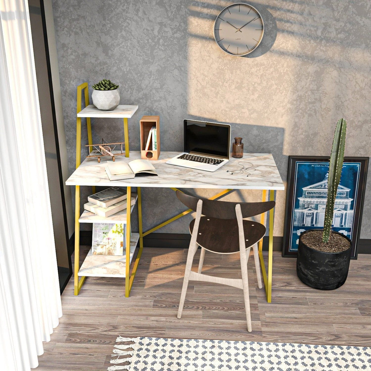 Birou ADMIRA, bej cu efect de marmura/auriu, PAL melaminat/metal, 120x60x120 cm