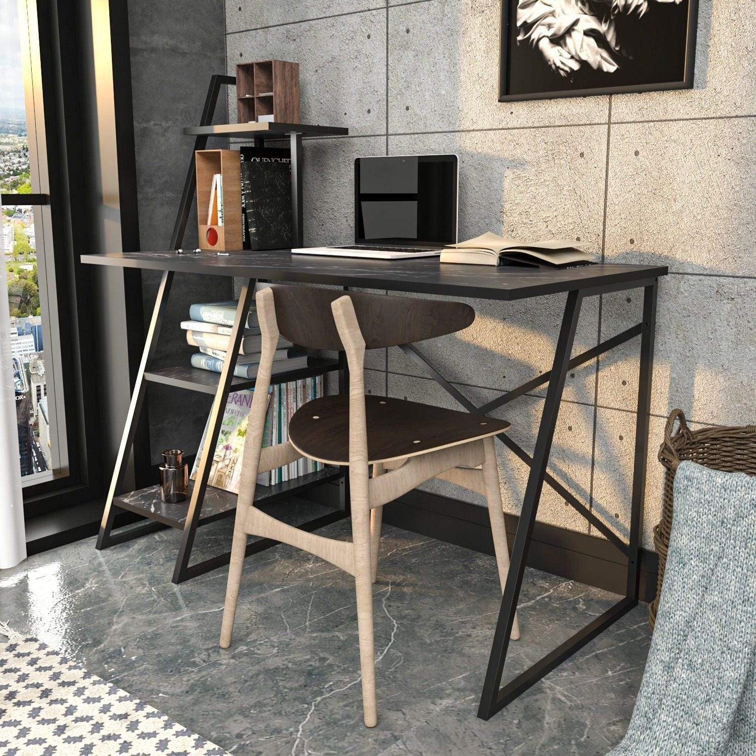 Birou ADMIRA, negru cu efect de marmura, PAL melaminat/metal, 120x60x120 cm