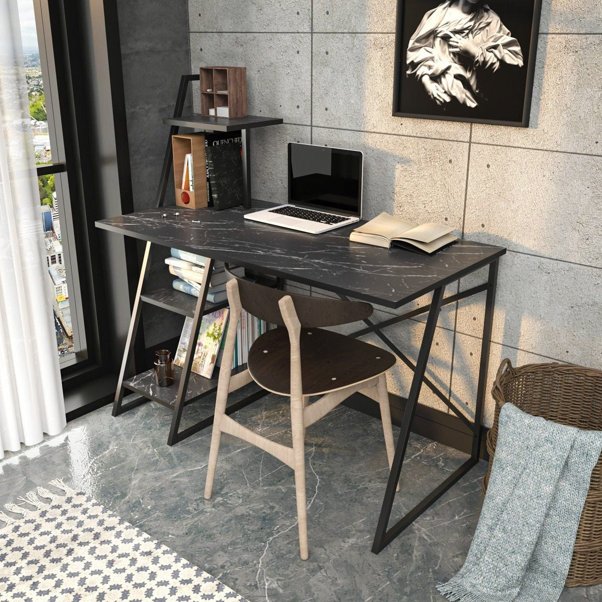 Birou ADMIRA, negru cu efect de marmura, PAL melaminat/metal, 120x60x120 cm