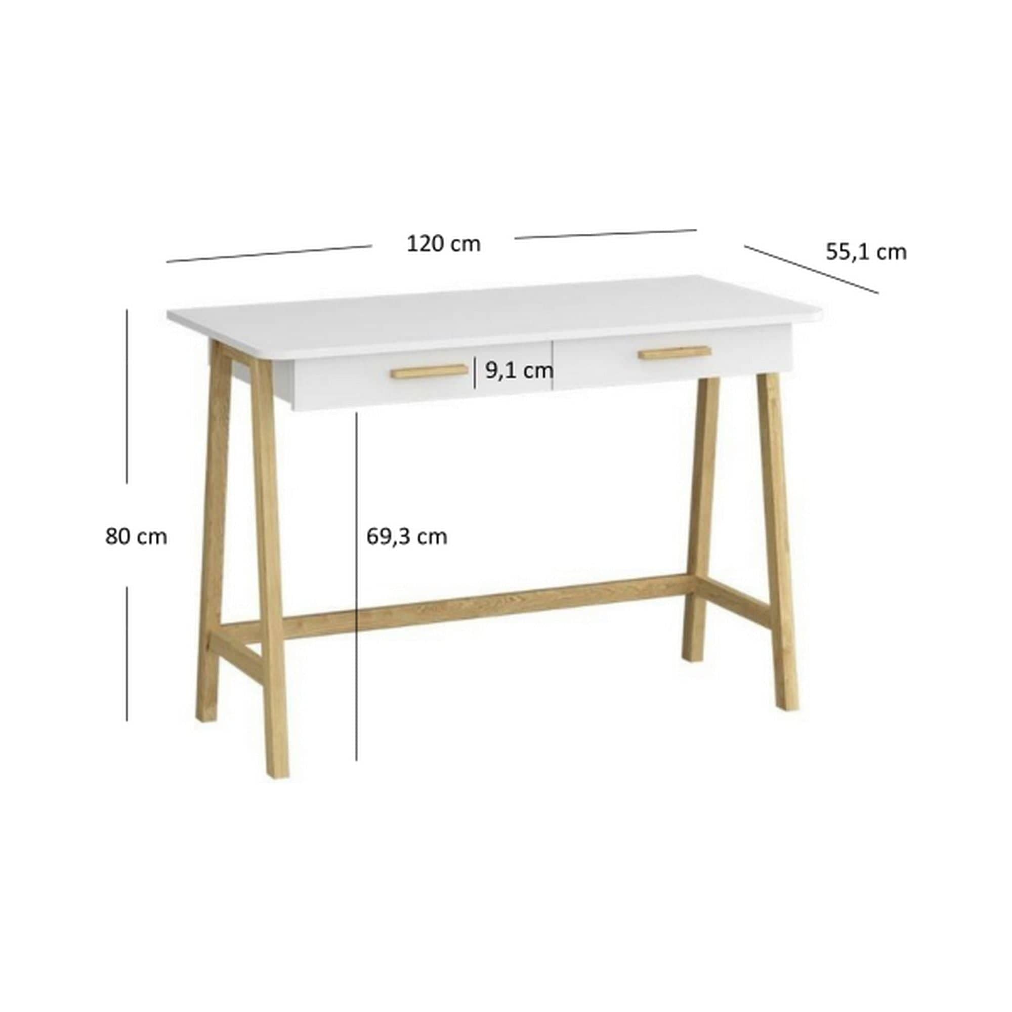 Birou BELLE, stejar/alb, PAL laminat, 120x55x80 cm