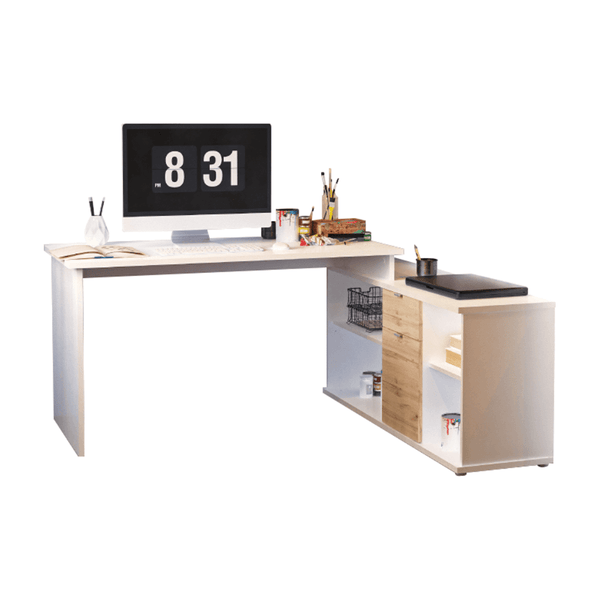 Birou DALTON 2 NEW , alb/stejar wotan, PAL melaminat, 168x138x75 cm