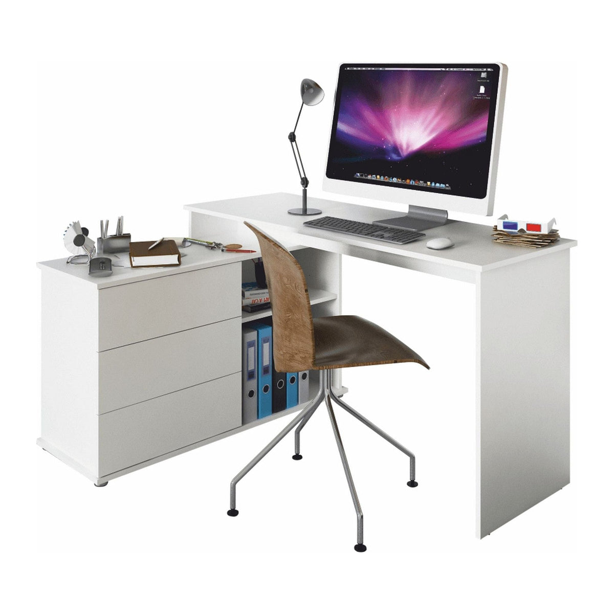 Birou de colt TERINO, alb, PAL laminat, 138x50/110x75 cm