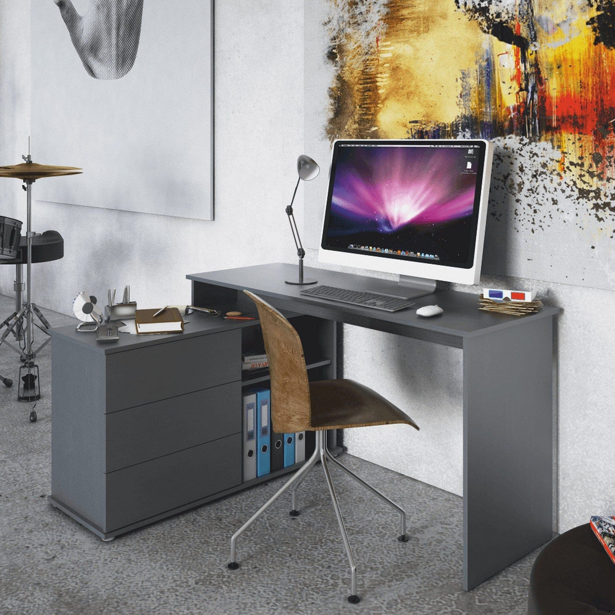 Birou de colt TERINO, gri grafit, PAL laminat, 138x50/110x75 cm