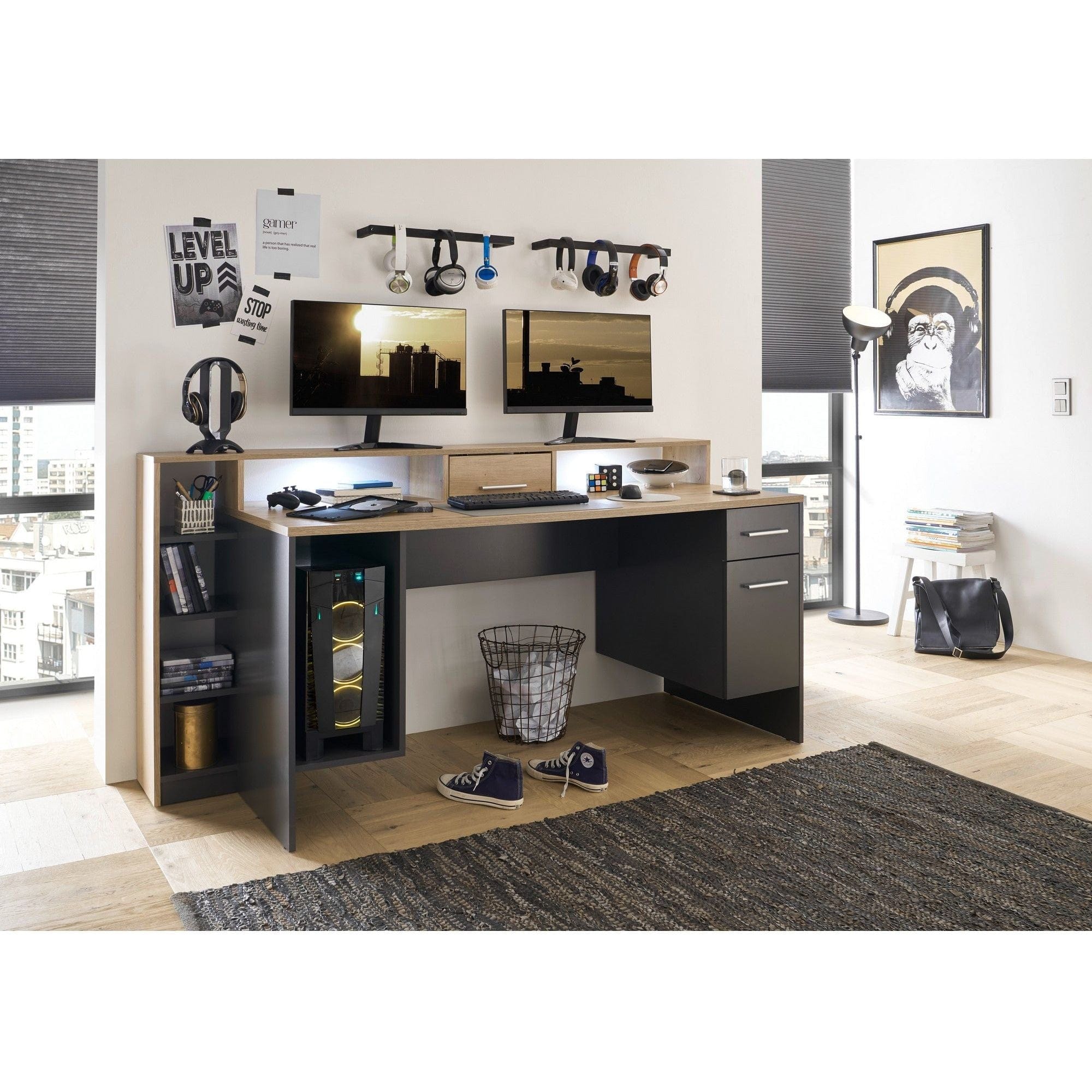 Birou gaming HIGHSCORE 4, stejar artisan/gri grafit, cu iluminare LED, 182x70x92 cm