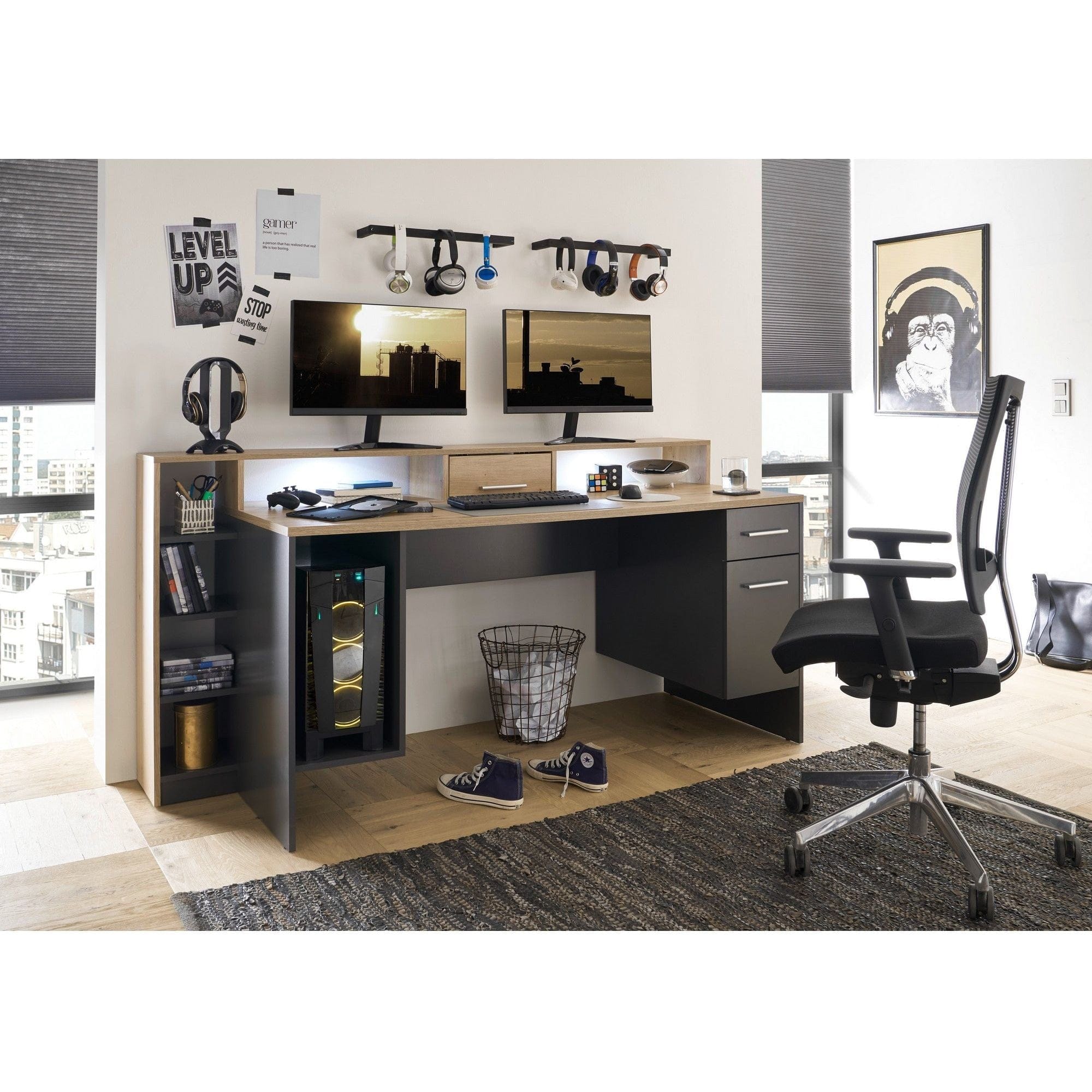 Birou gaming HIGHSCORE 4, stejar artisan/gri grafit, cu iluminare LED, 182x70x92 cm