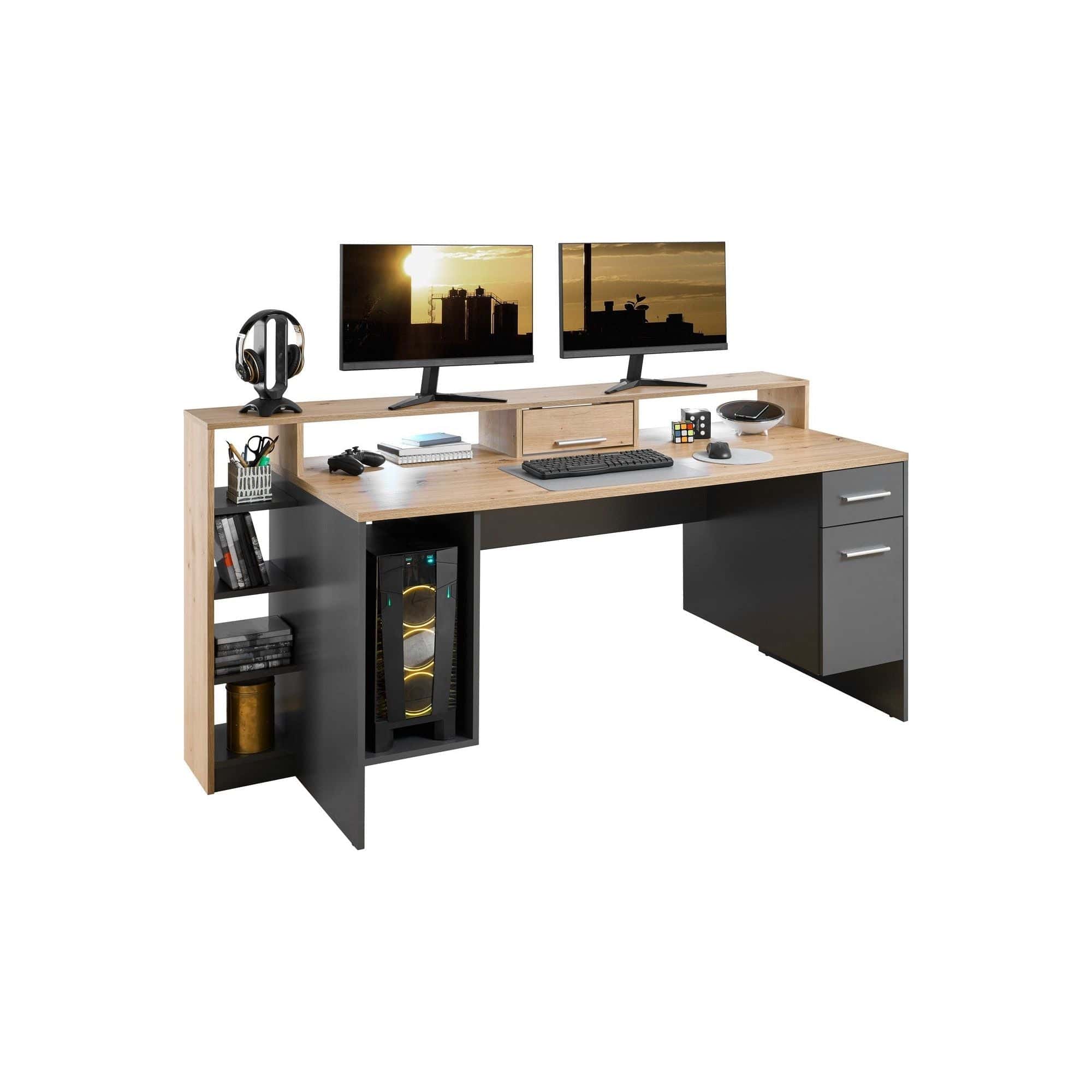 Birou gaming HIGHSCORE 4, stejar artisan/gri grafit, cu iluminare LED, 182x70x92 cm