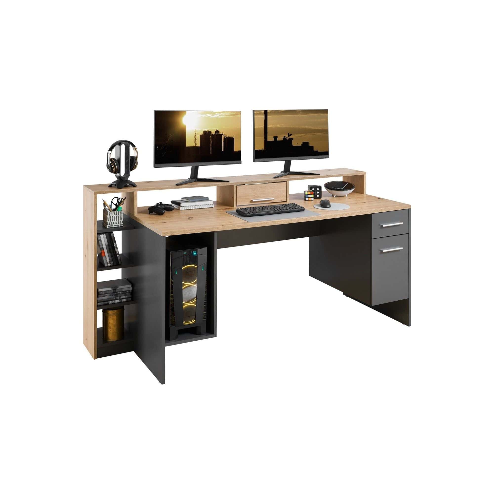 Birou gaming HIGHSCORE 4, stejar artisan/gri grafit, cu iluminare LED, 182x70x92 cm
