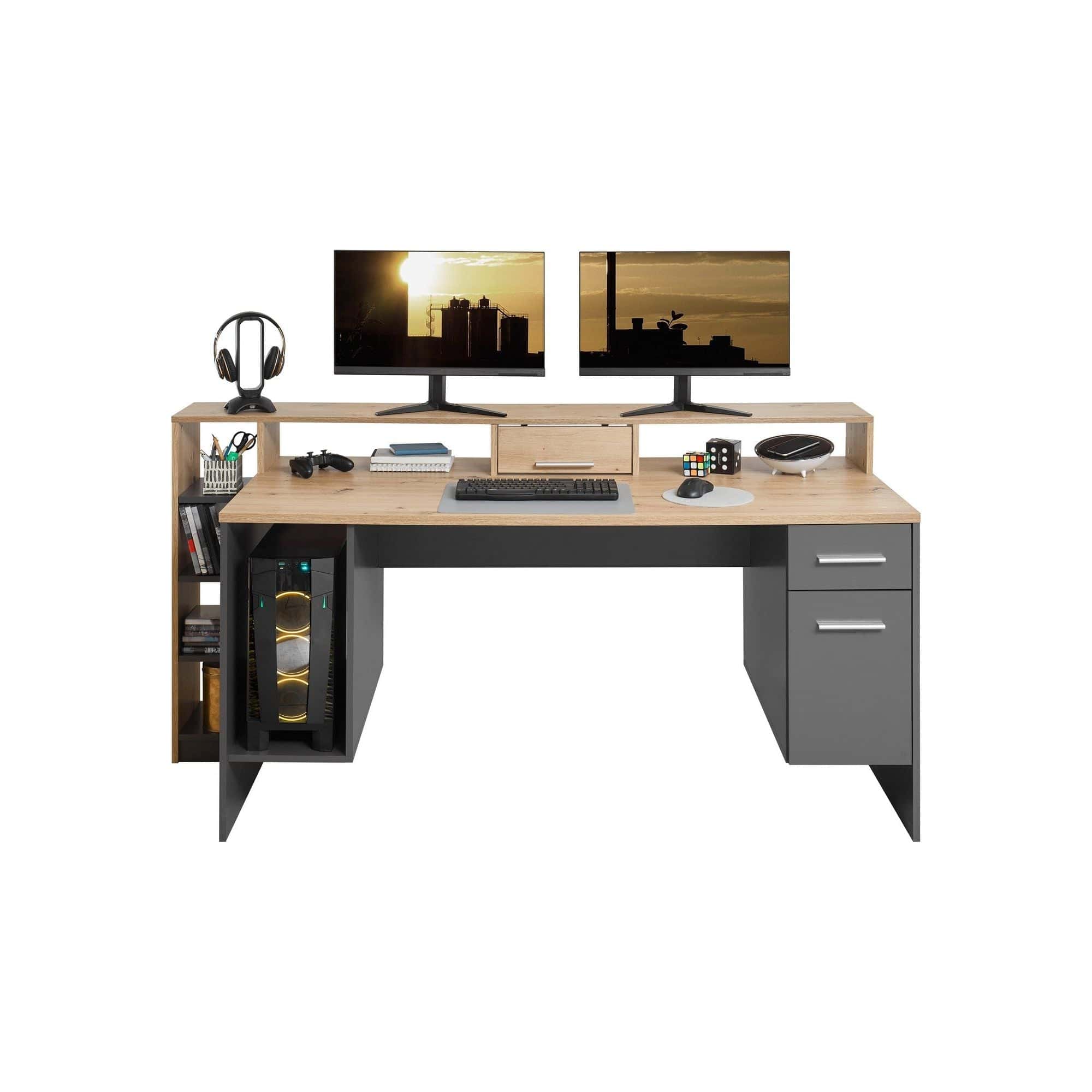 Birou gaming HIGHSCORE 4, stejar artisan/gri grafit, cu iluminare LED, 182x70x92 cm