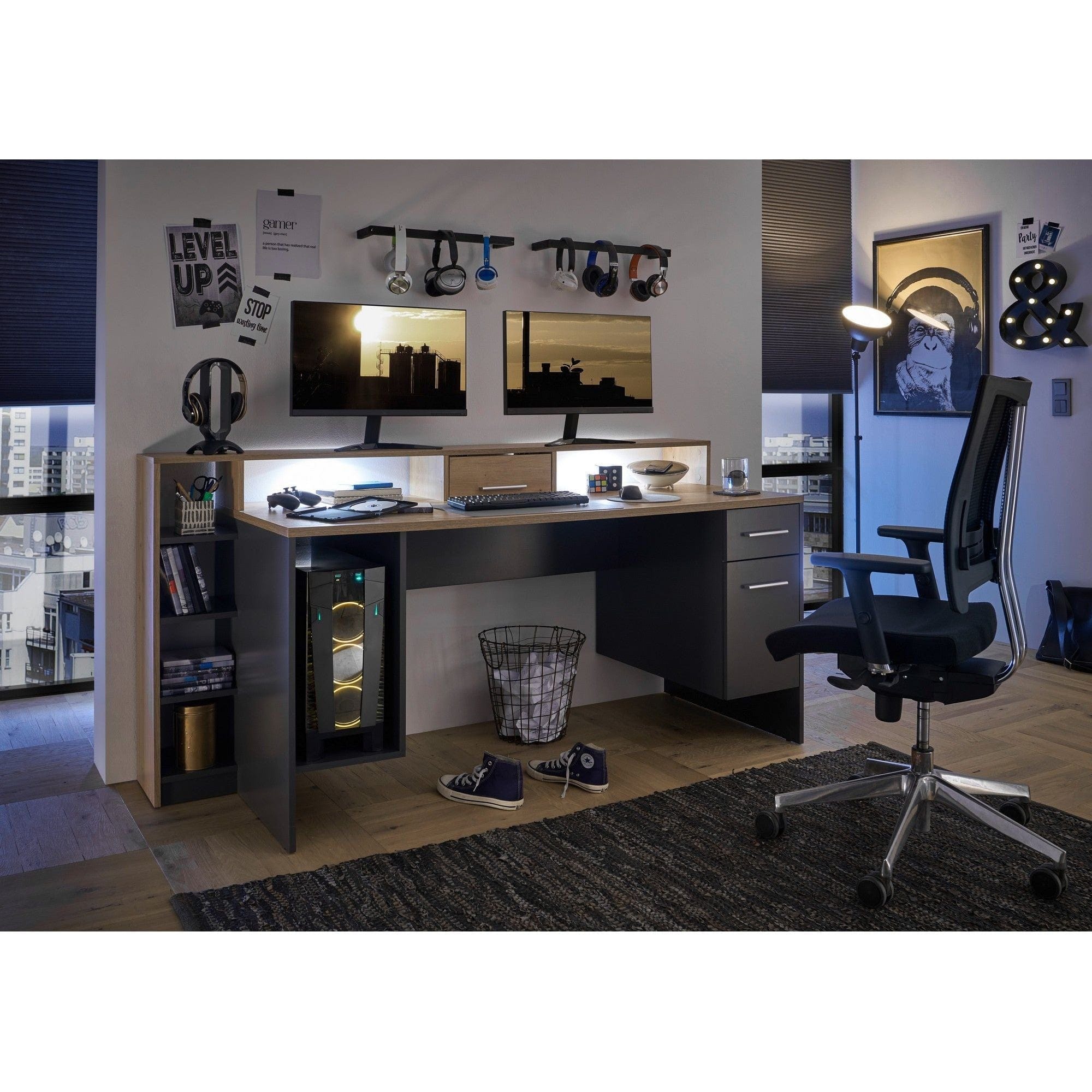 Birou gaming HIGHSCORE 4, stejar artisan/gri grafit, cu iluminare LED, 182x70x92 cm