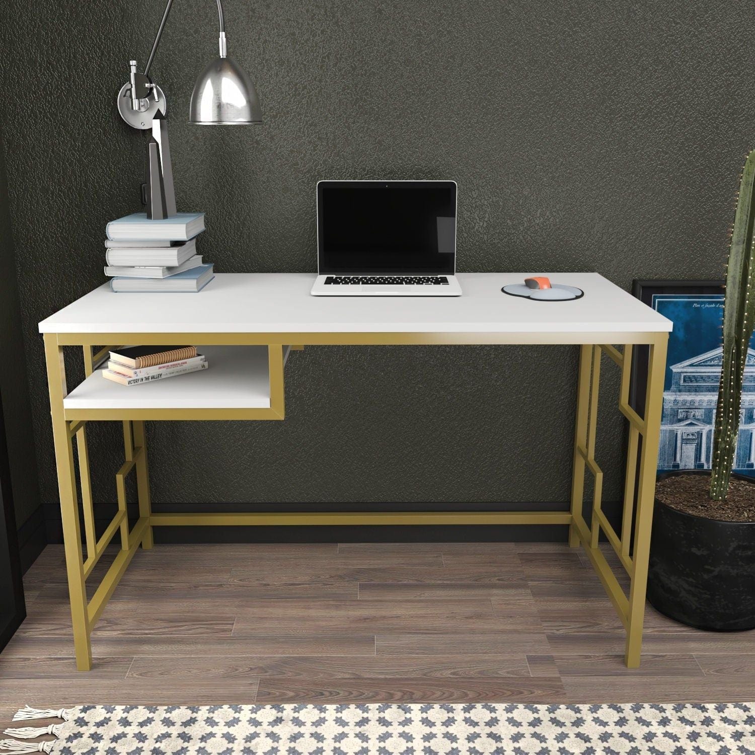 Birou KENNESAW, alb/auriu, PAL melaminat/metal, 120x60x75 cm