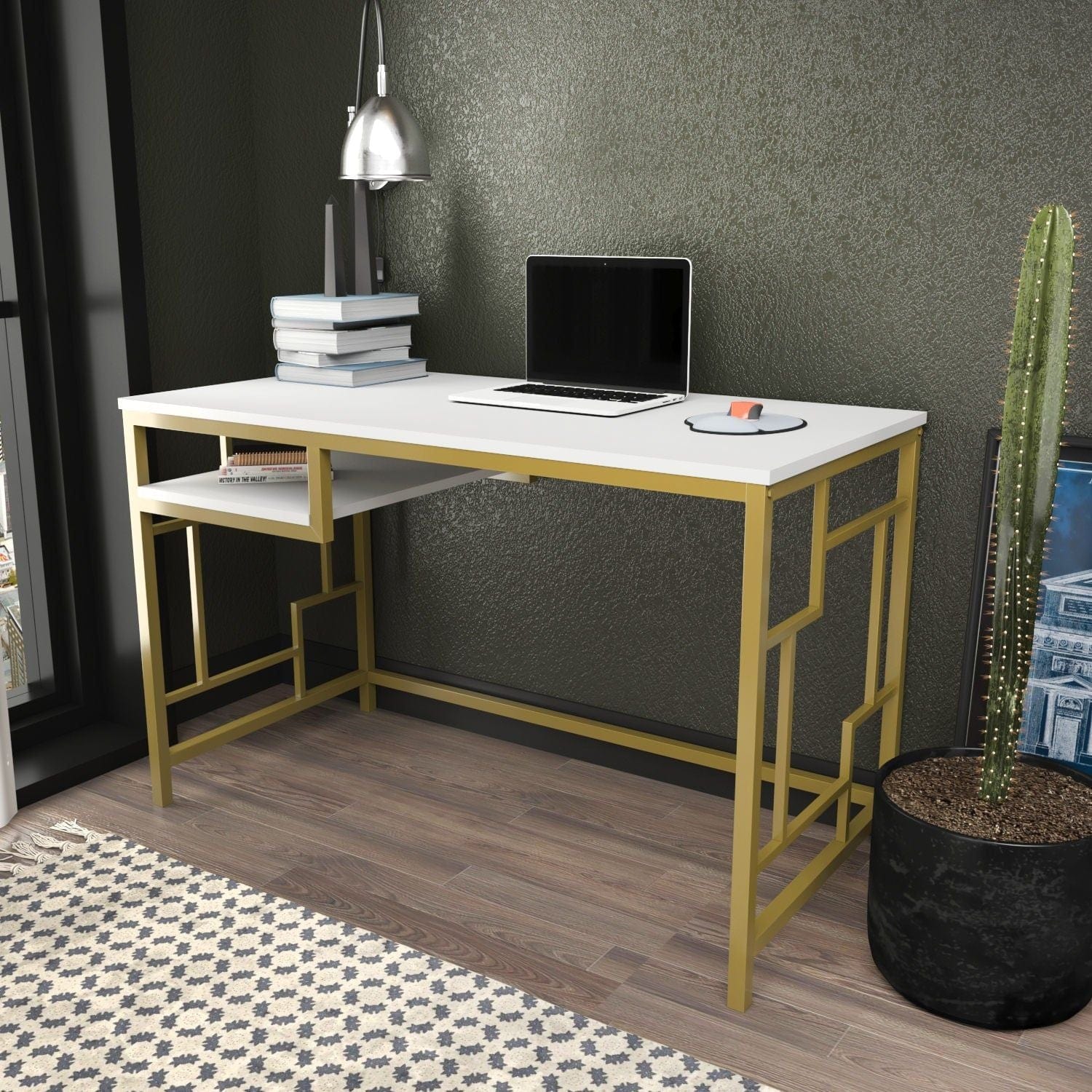 Birou KENNESAW, alb/auriu, PAL melaminat/metal, 120x60x75 cm