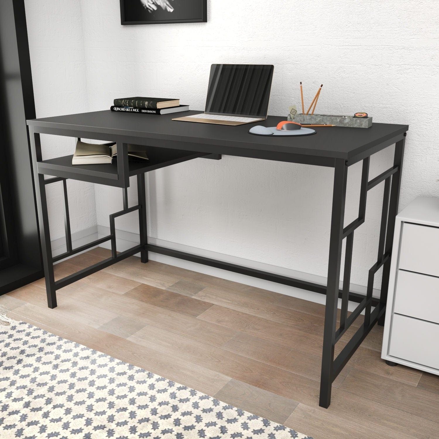 Birou KENNESAW, gri antracit/negru, PAL melaminat, 120x60x74 cm