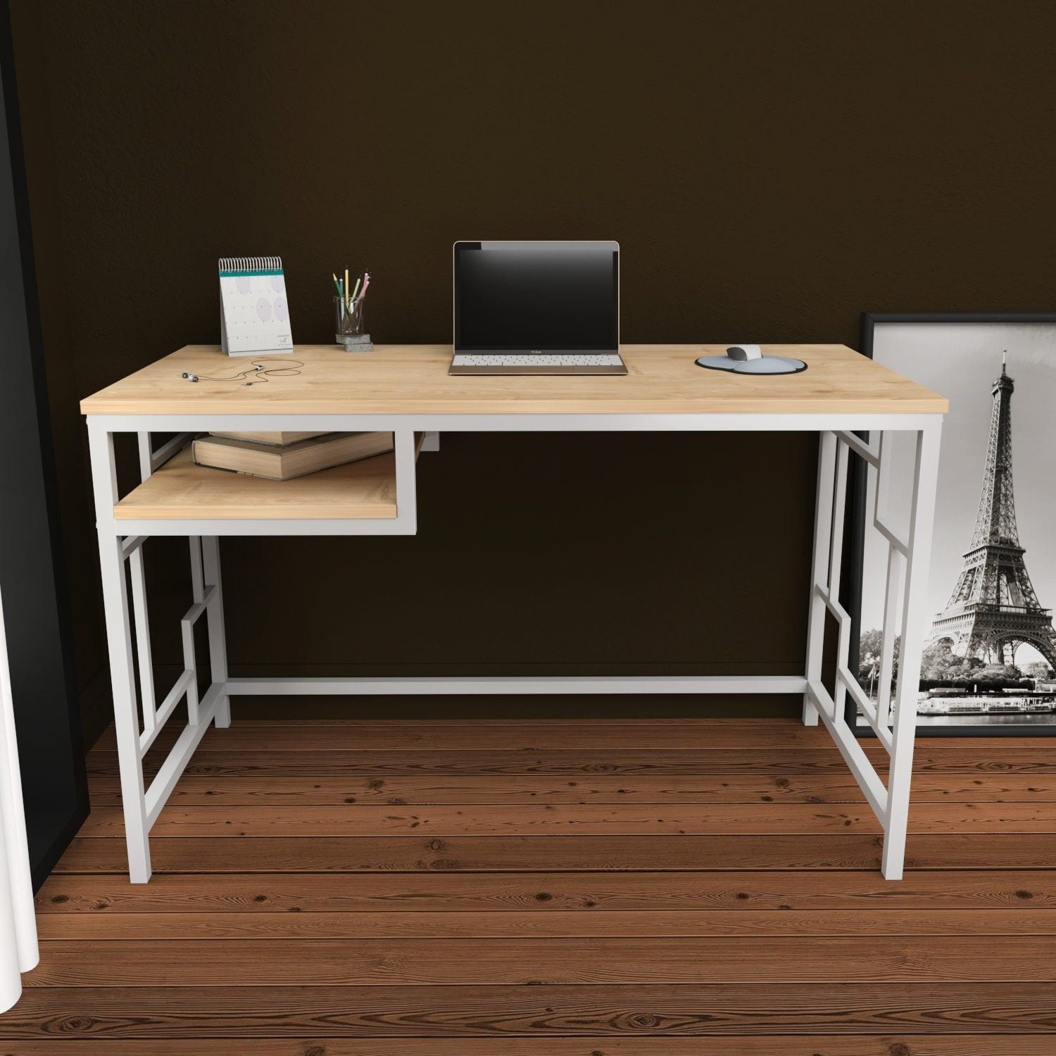 Birou KENNESAW, stejar/alb, PAL melaminat/metal, 120x60x75 cm