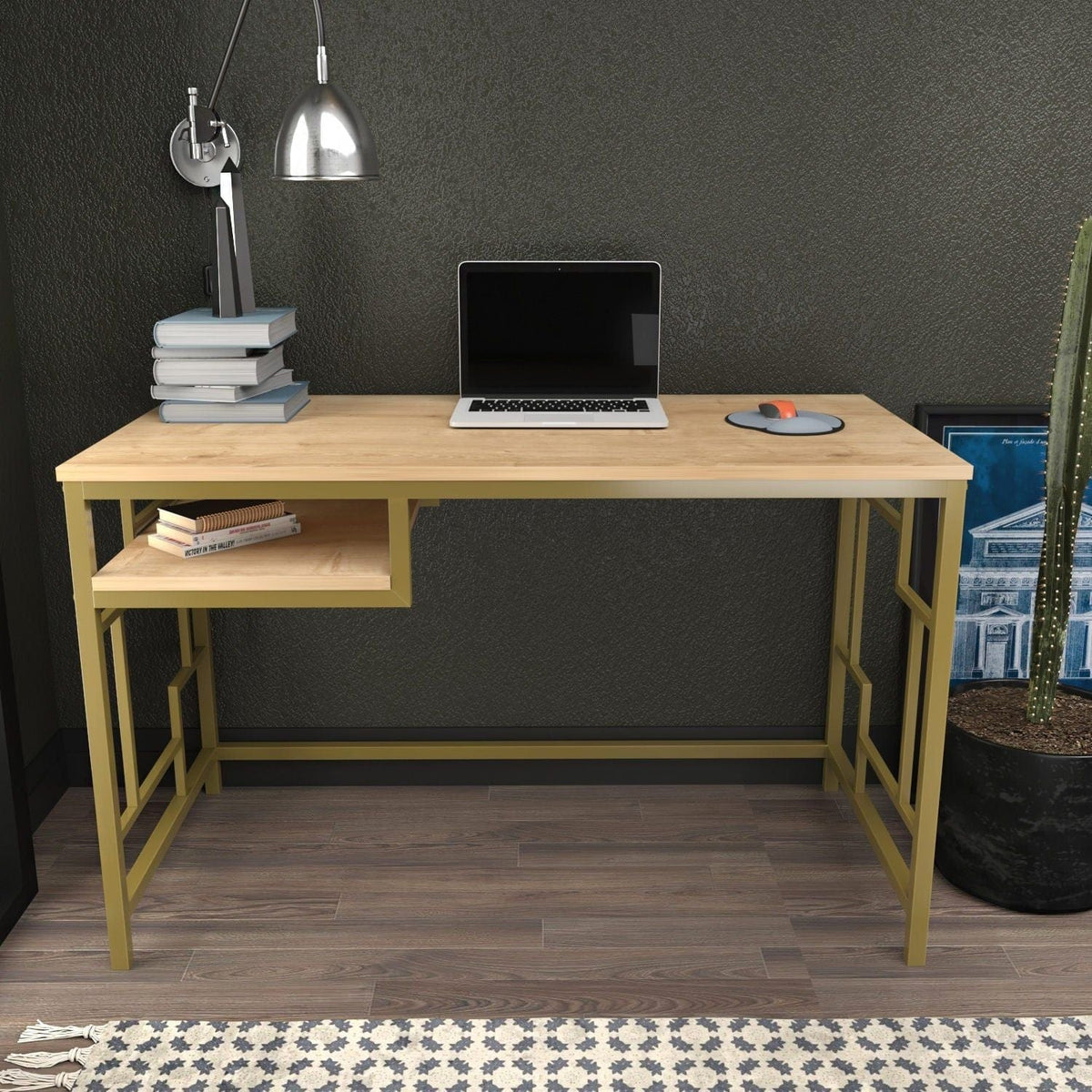 Birou KENNESAW, stejar/auriu, PAL melaminat/metal, 120x60x75 cm