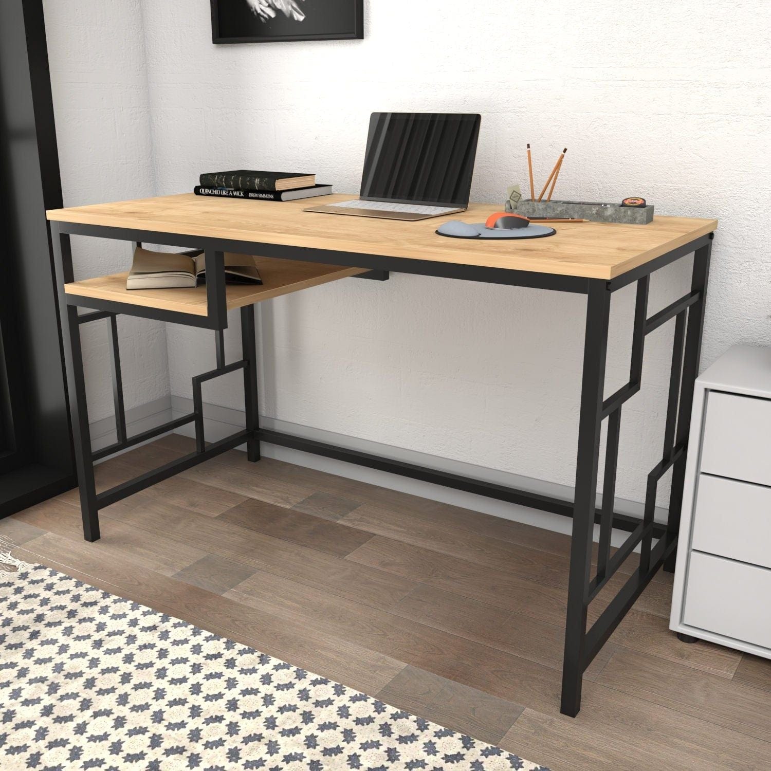 Birou KENNESAW, stejar sonoma/negru, PAL melaminat/metal, 120x60x75 cm