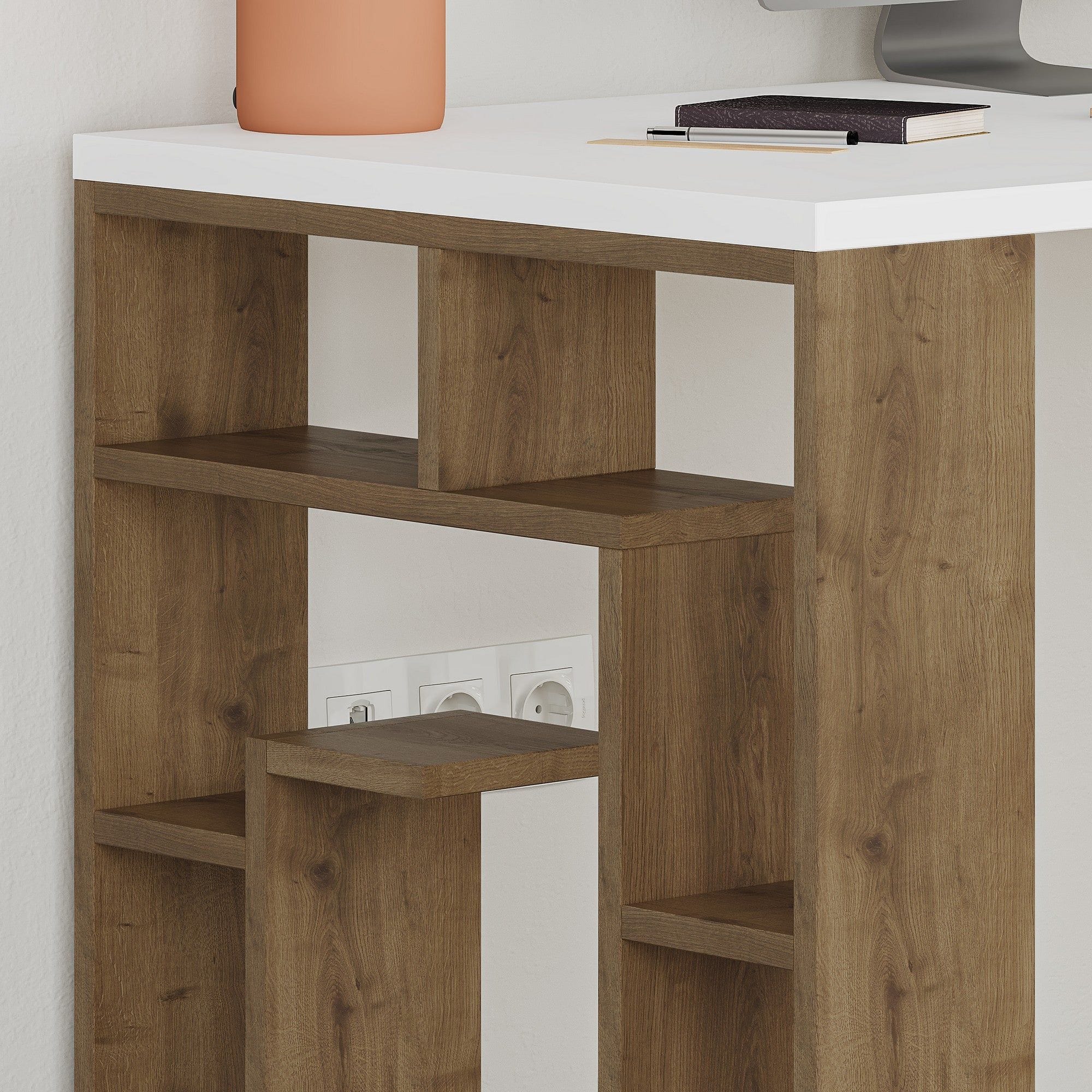 Birou MAZE, alb/stejar inchis, PAL melaminat, 140x60x75 cm